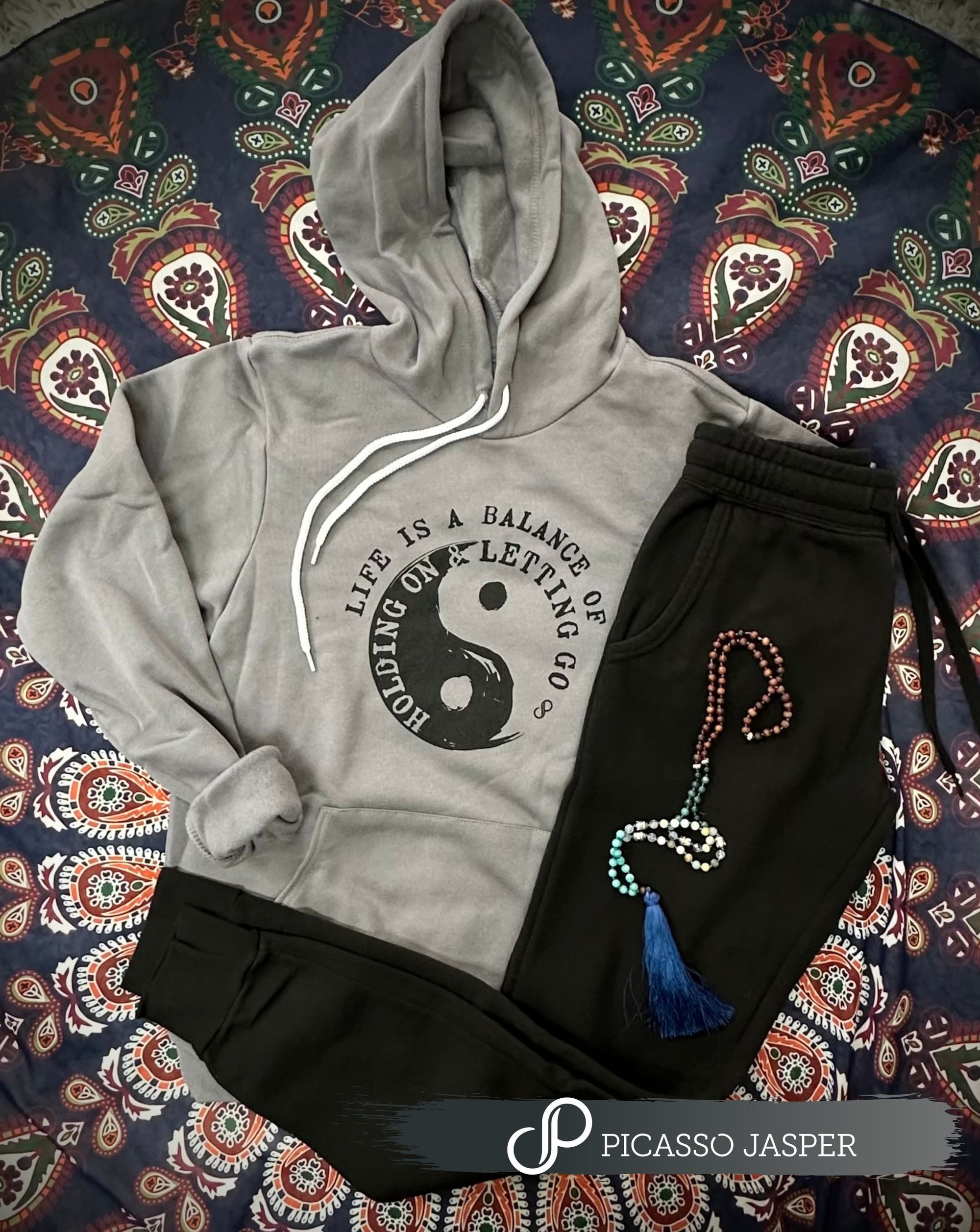 Balance: Gray Yin Yang Sweatshirt + Black Jogger +  Crystal, Bundle!