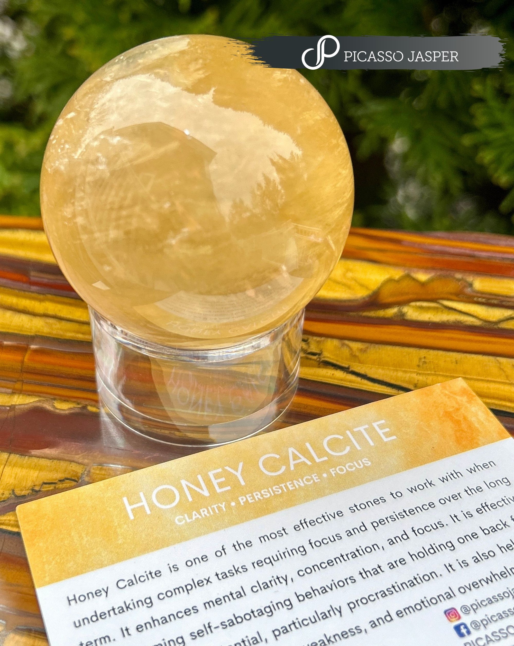 Honey Calcite Crystal Sphere with Stand- Clarity, Persistence & Focus