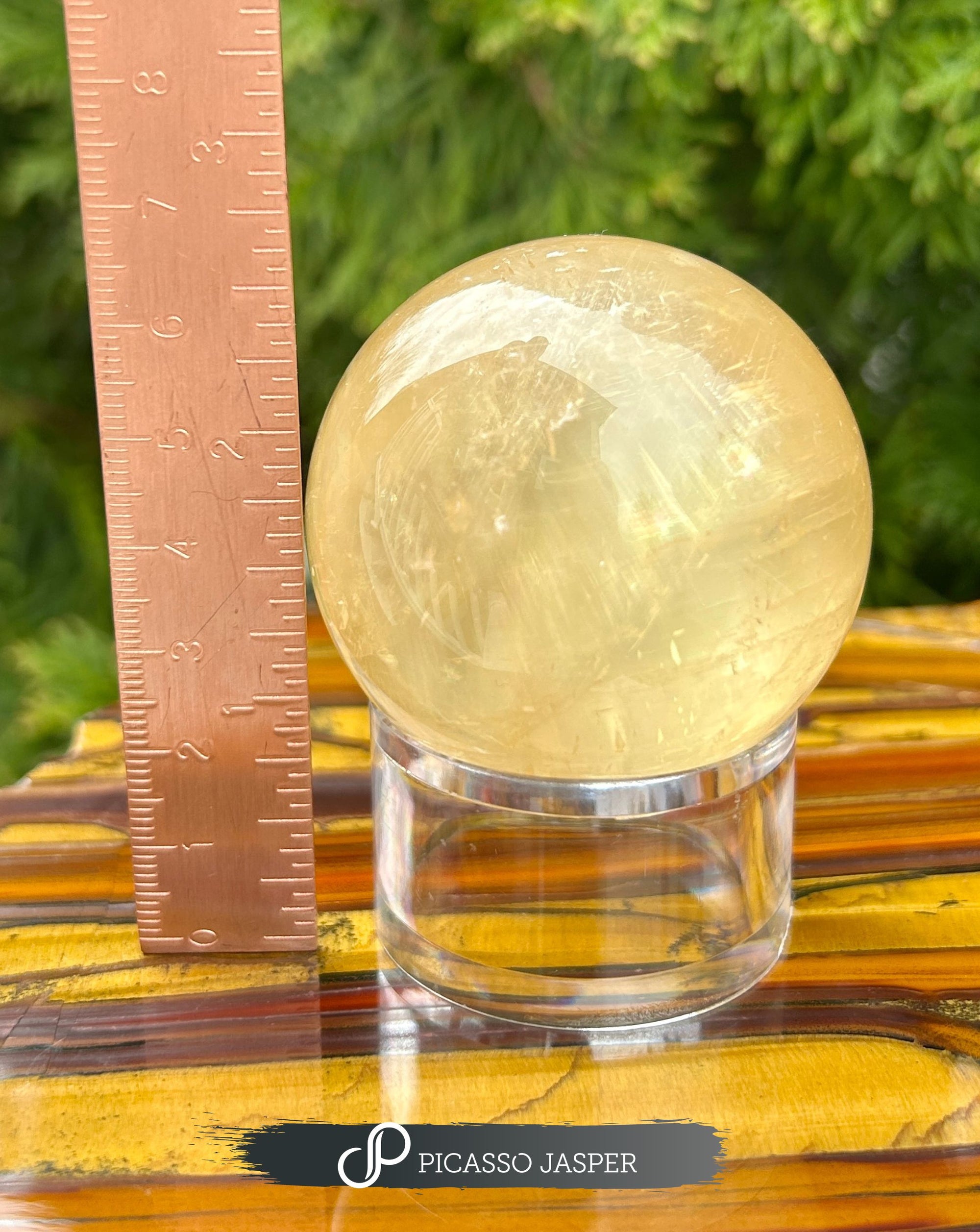 Honey Calcite Crystal Sphere with Stand- Clarity, Persistence & Focus