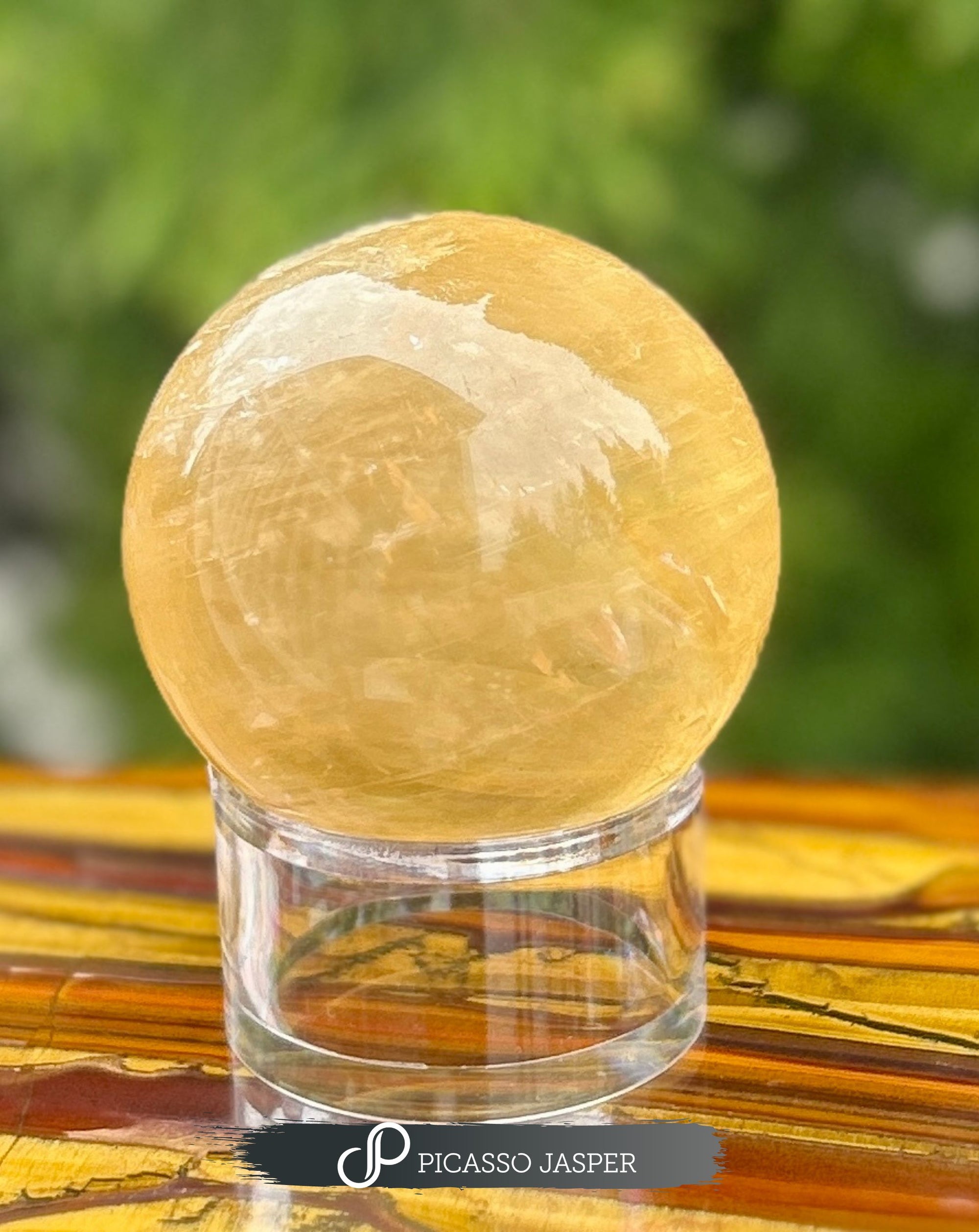 Honey Calcite Crystal Sphere with Stand- Clarity, Persistence & Focus