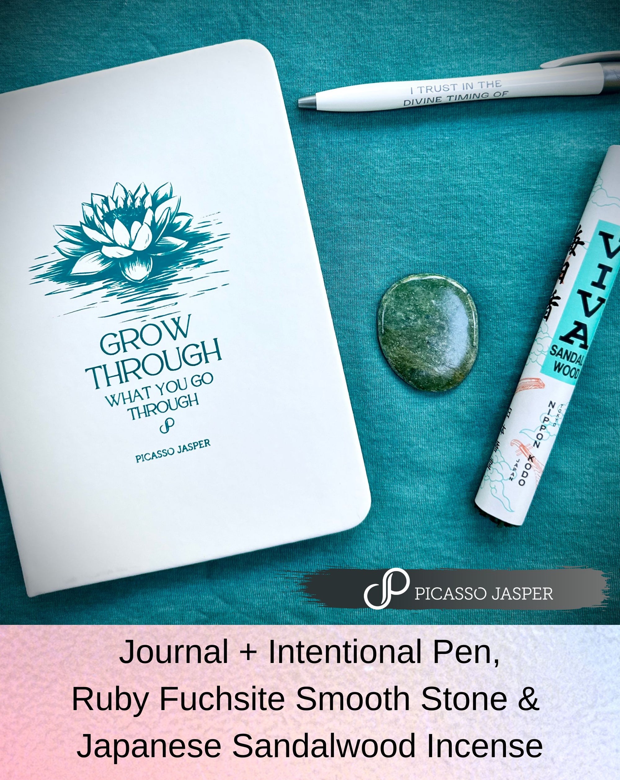 Grace Journal, Pen, Incense + Ruby Fuchsite Smooth Stone, Cleansing Bundle