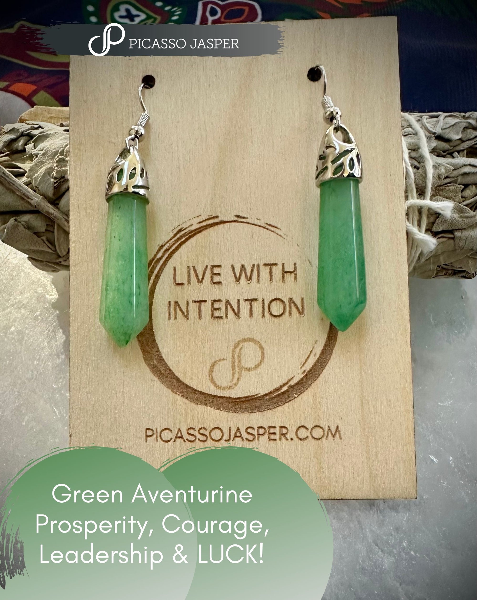 Green Aventurine, Crystal Point Earrings - Prosperity, Courage, Leadership & LUCK!