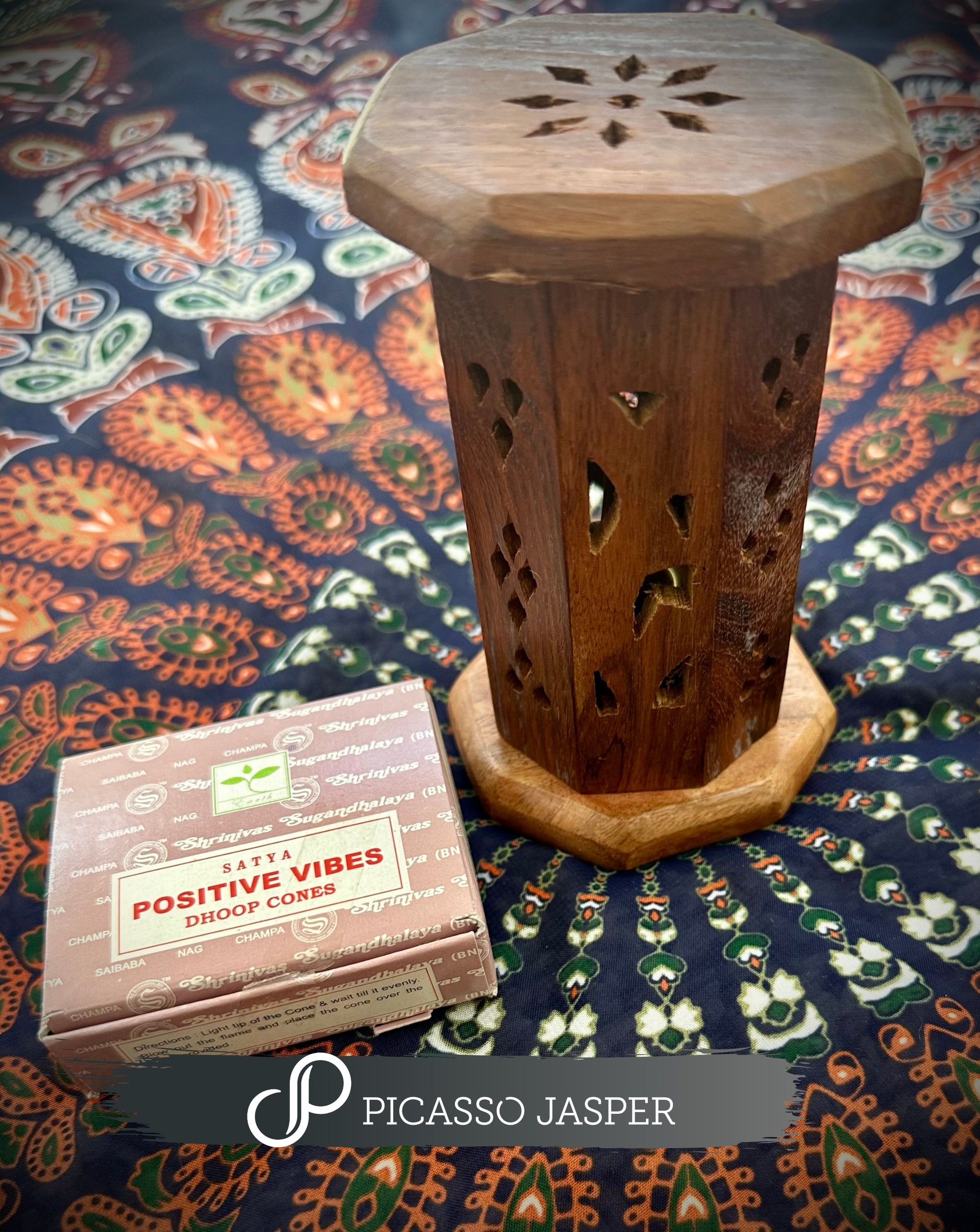 Natural Wood Cone Incense Tower + Positive Vibes Incense Cones