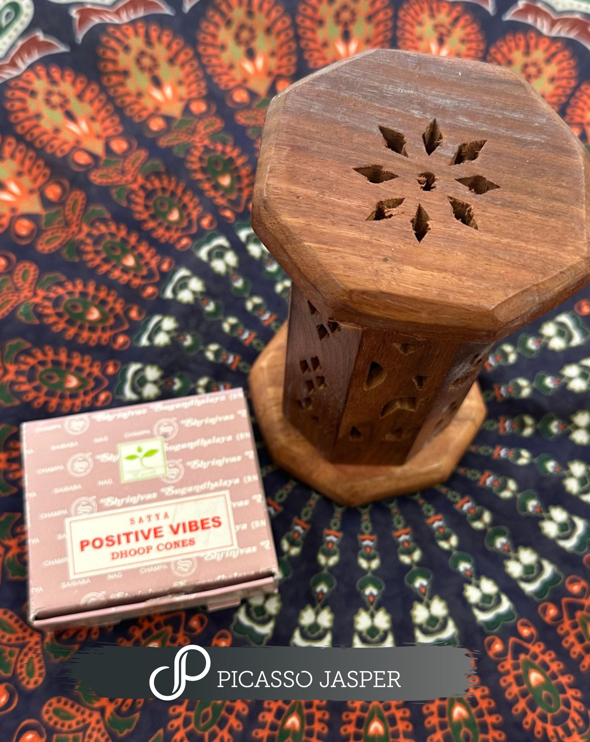 Natural Wood Cone Incense Tower + Positive Vibes Incense Cones