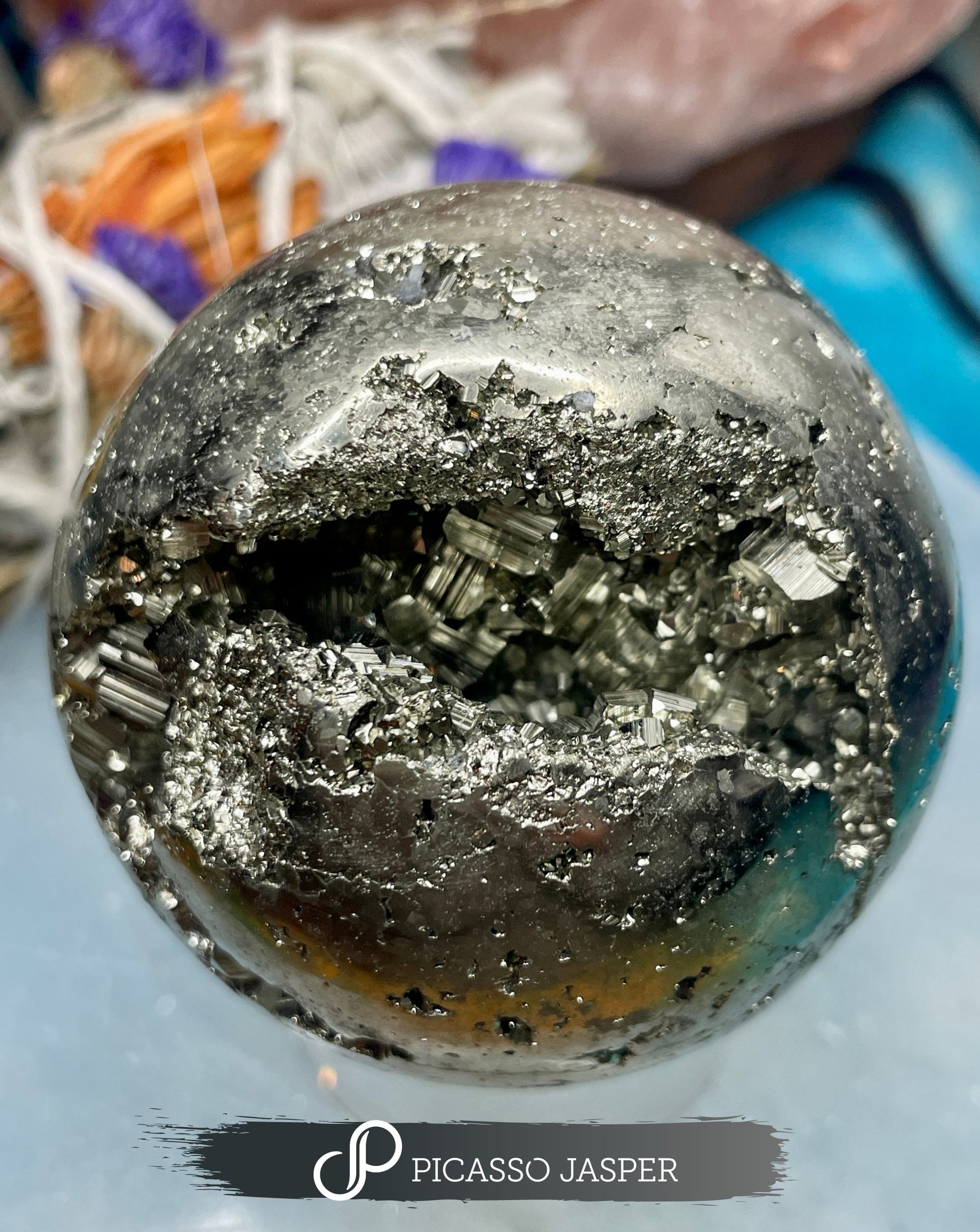 Pyrite Crystal Egg Sphere, Attract Abundance + Luck + Money