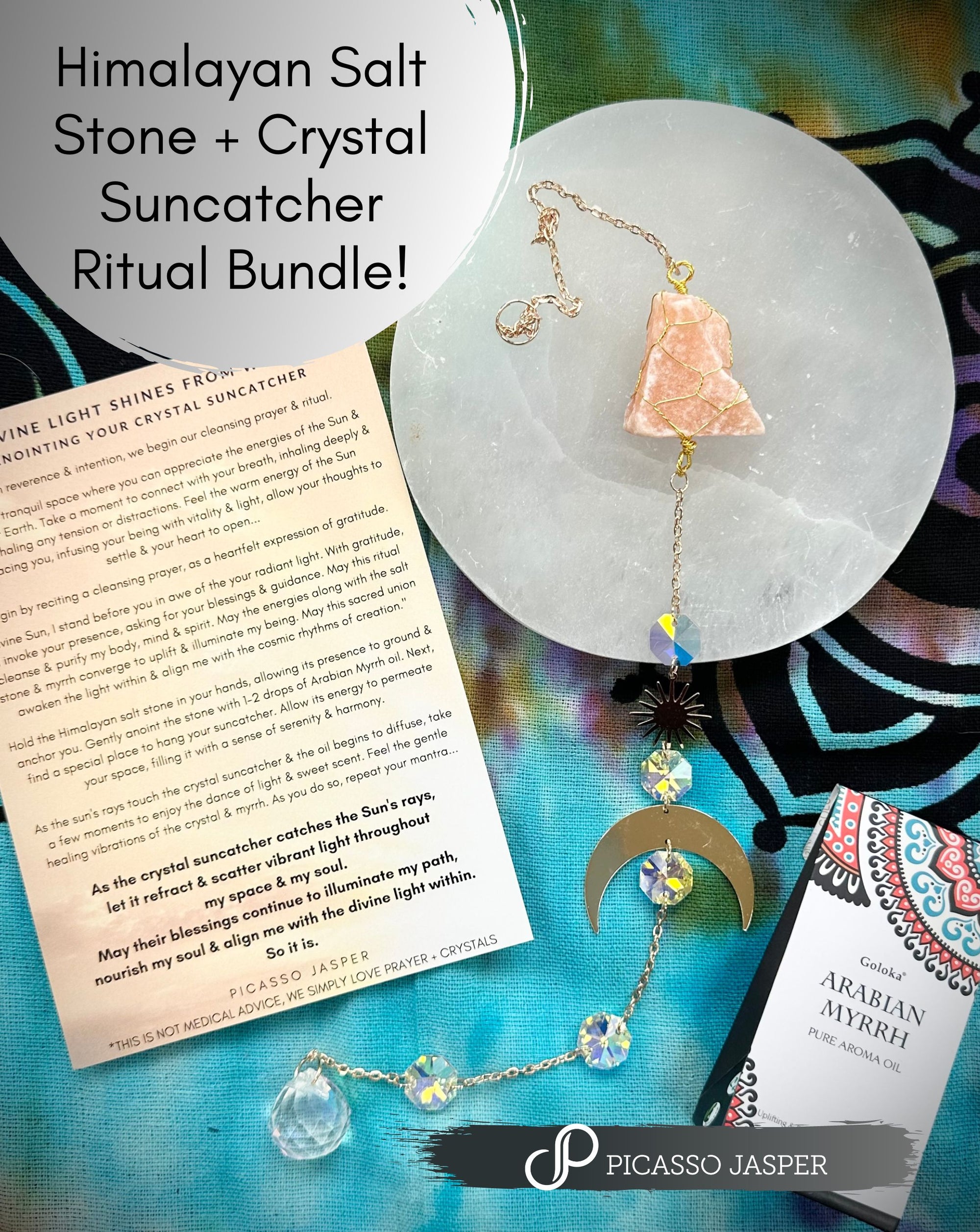 Himalayan Salt Stone + Crystal Sun Catcher & Aromatherapy Oil, Kit