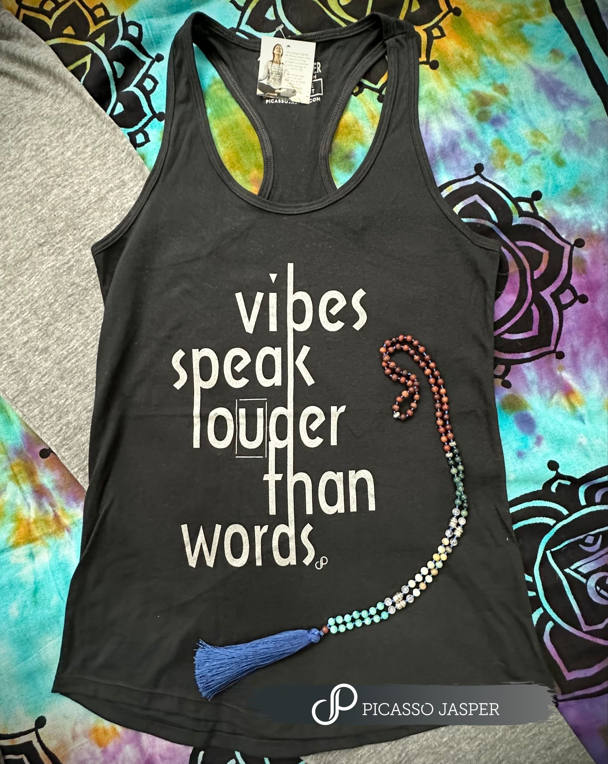 Vibes Speak Louder Than Words, Black Racerback Tank