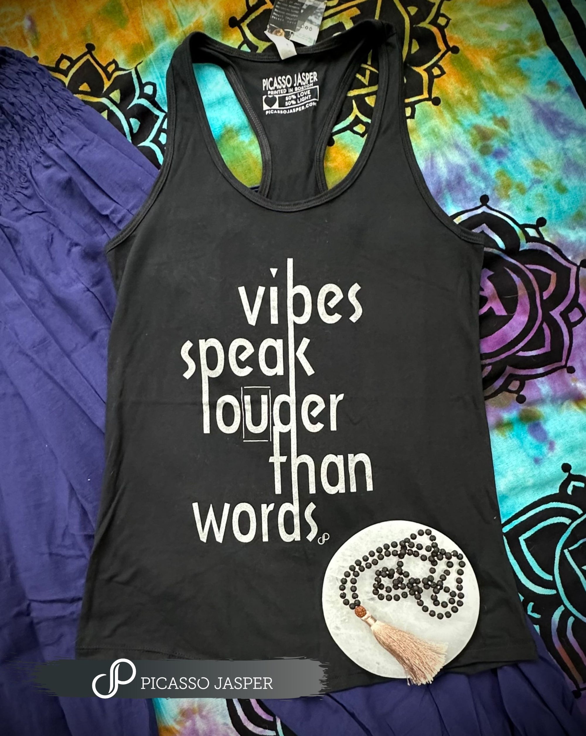 Vibes Speak Louder Than Words, Black Racerback Tank