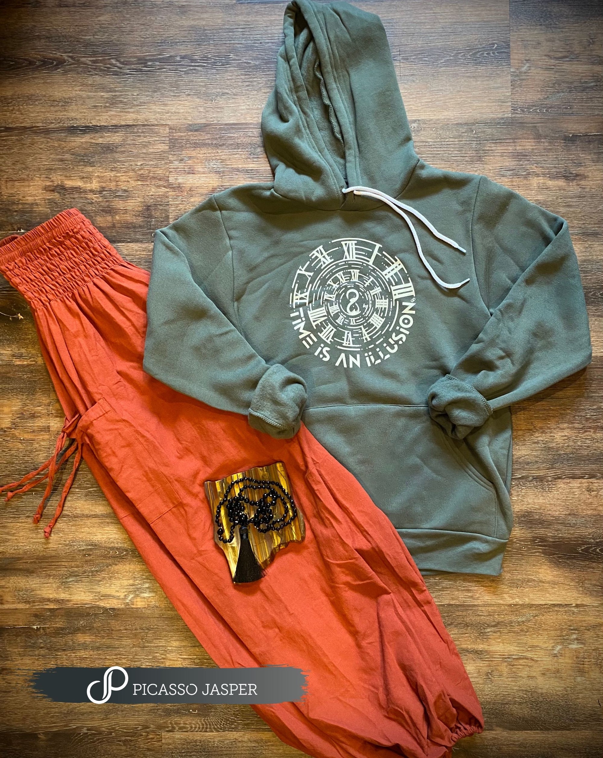Last Ones! Time is an Illusion + Burnt Orange Cotton Magic Pants + Crystal, Sweatshirt Bundle!