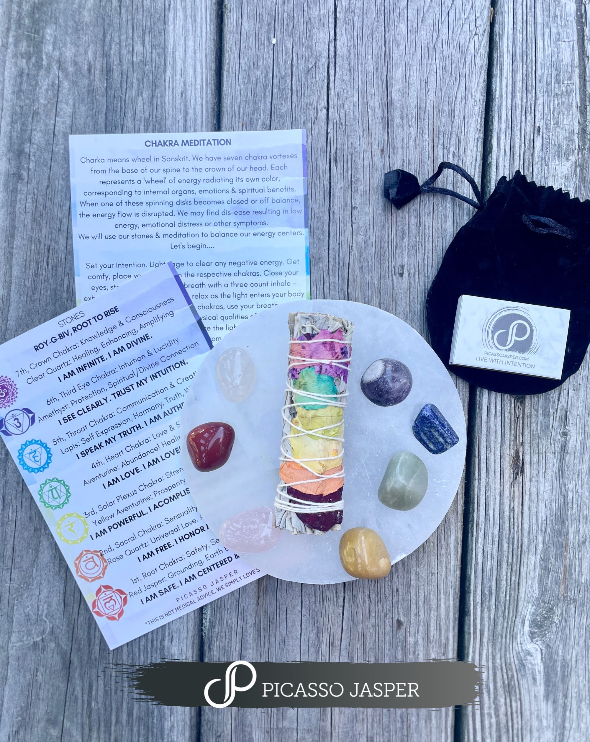 Chakra Stone Set + Sage & Meditation Card Bundle