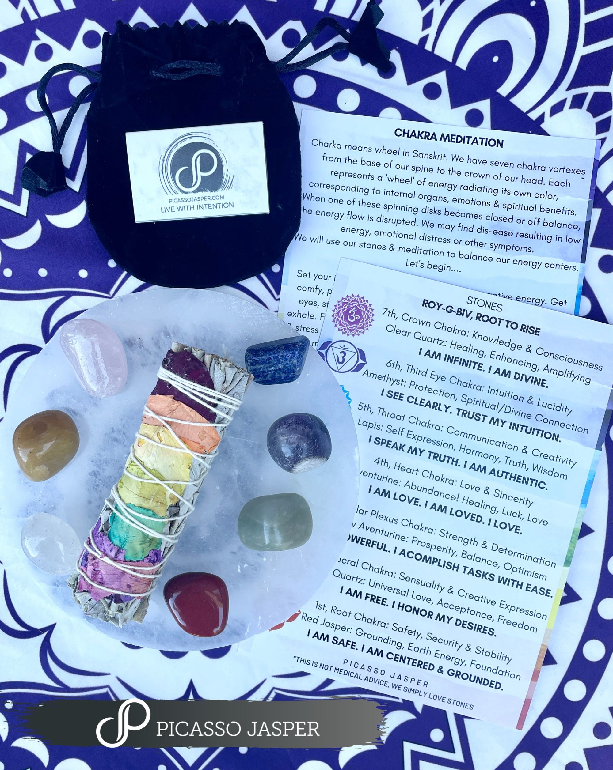 Chakra Stone Set + Sage & Meditation Card Bundle