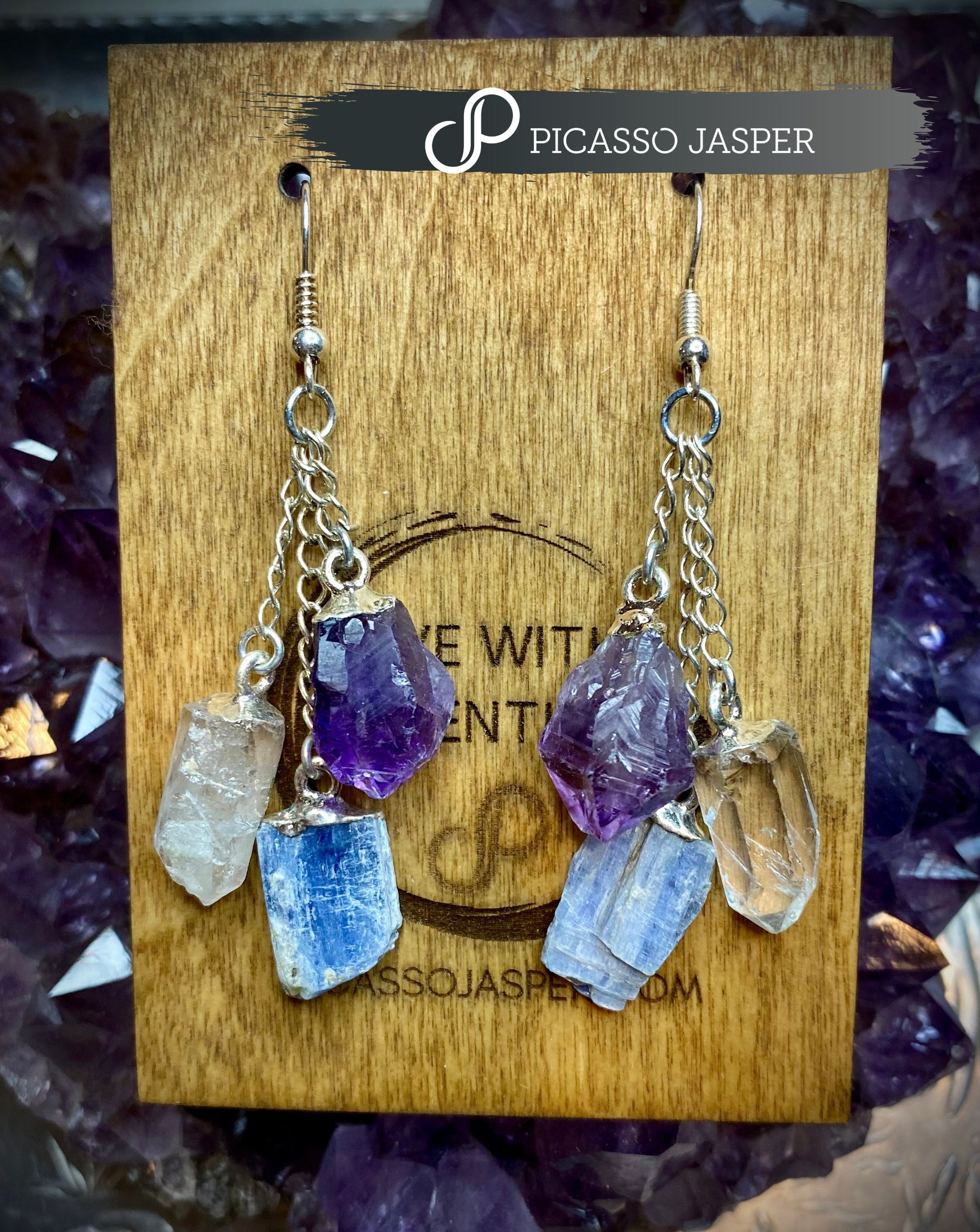 Kyanite, Amethyst & Clear Quartz Earrings, Reiki Infused