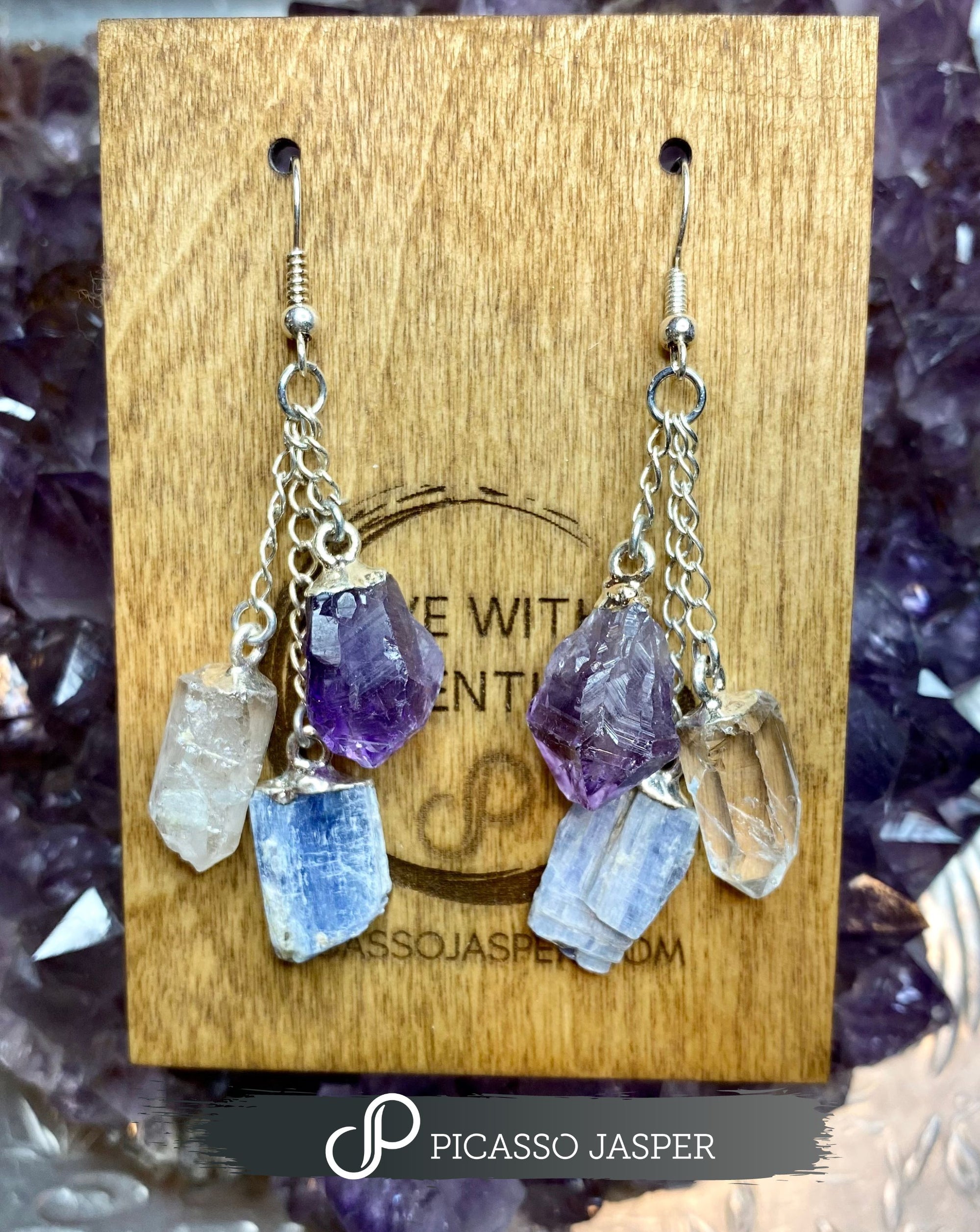 Kyanite, Amethyst & Clear Quartz Earrings, Reiki Infused