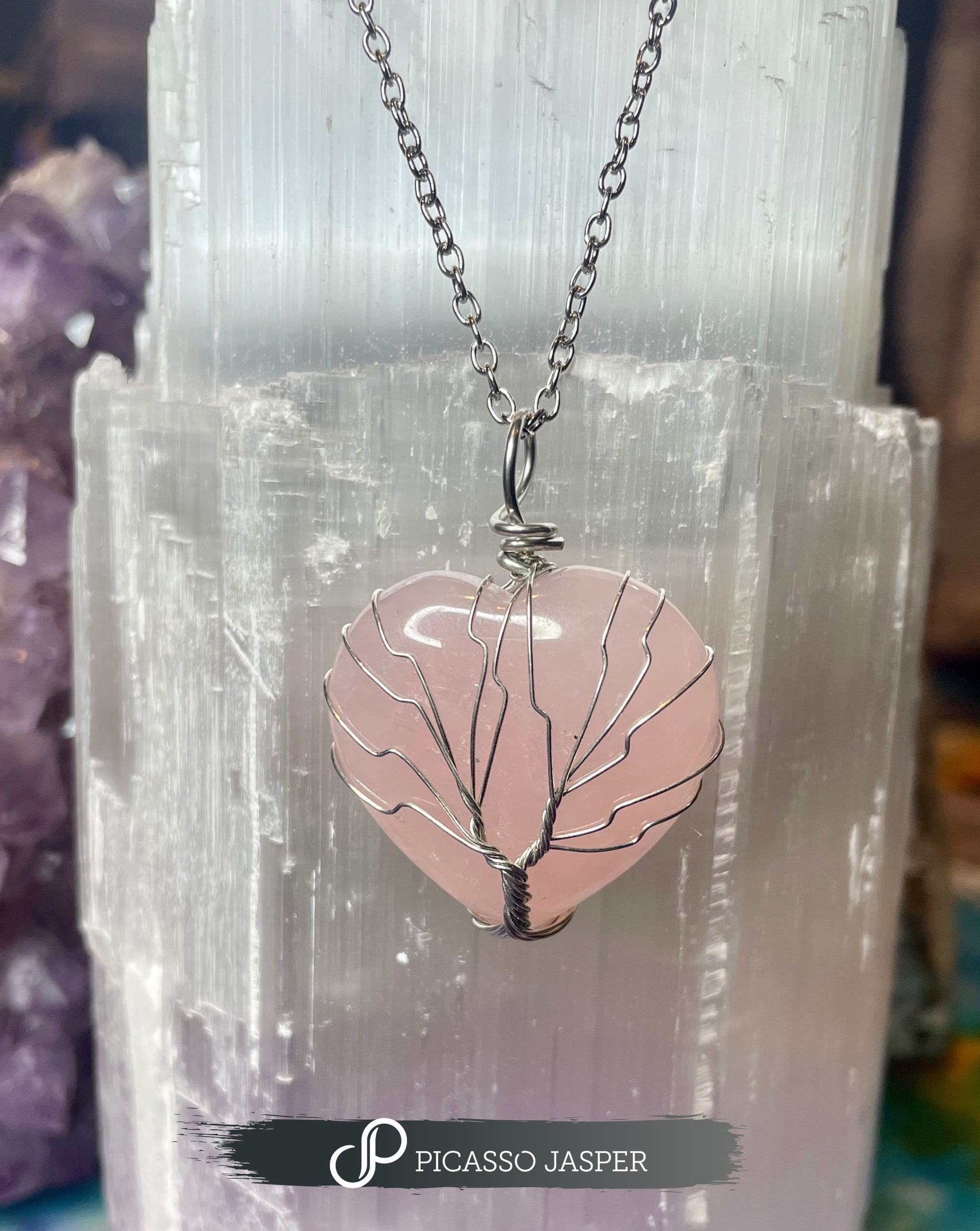 Rose Quartz, Reiki Infused Heart Shaped Pendant + 23" Necklace