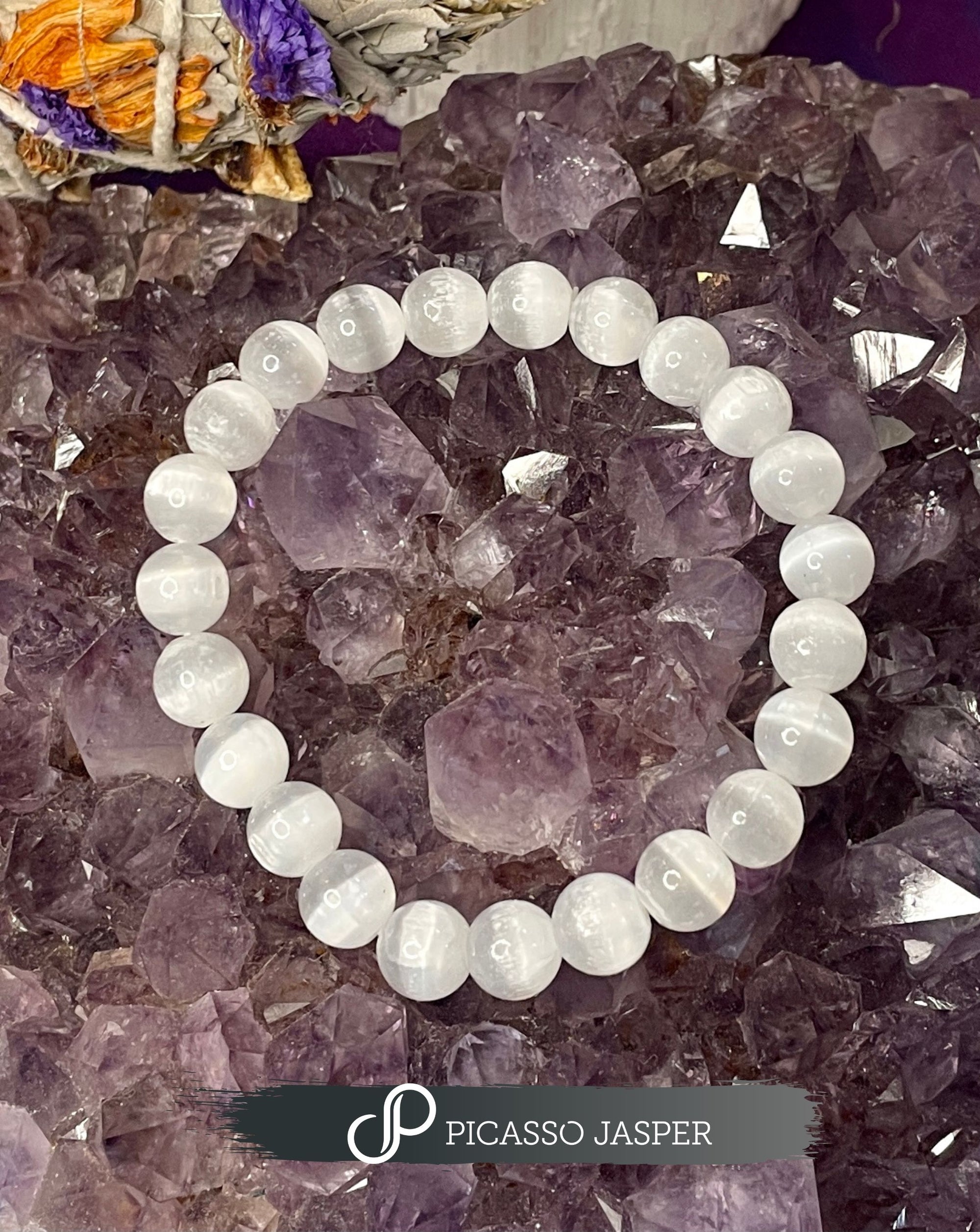 Selenite Bracelet, 6mm or 8mm bead: Liquid Light + Profound Peace