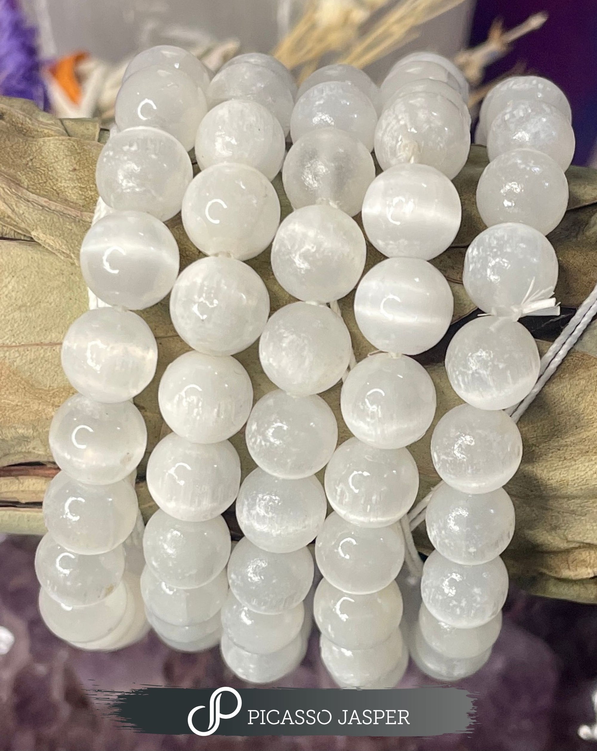 Selenite Bracelet, 6mm or 8mm bead: Liquid Light + Profound Peace