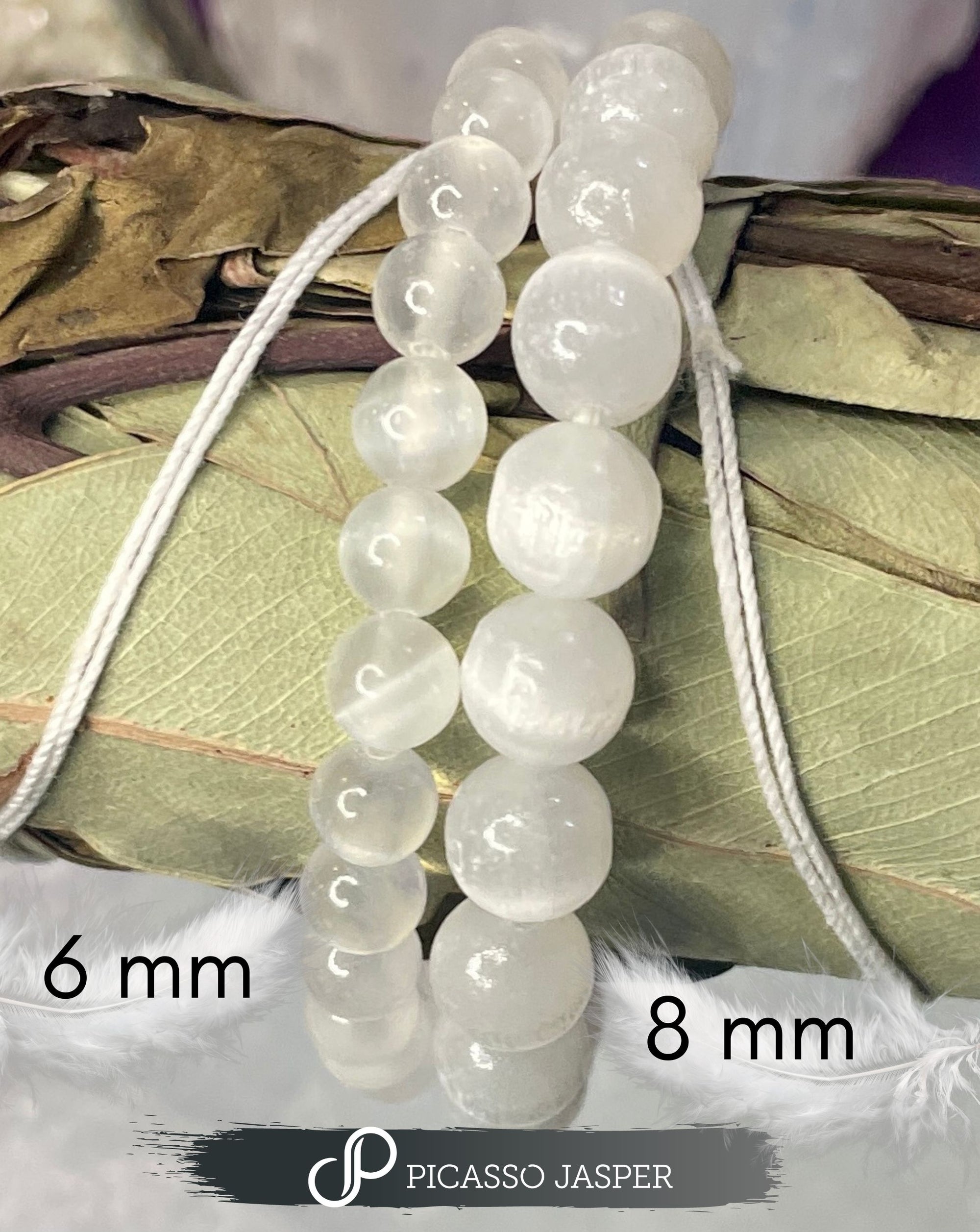 Selenite Bracelet, 6mm or 8mm bead: Liquid Light + Profound Peace