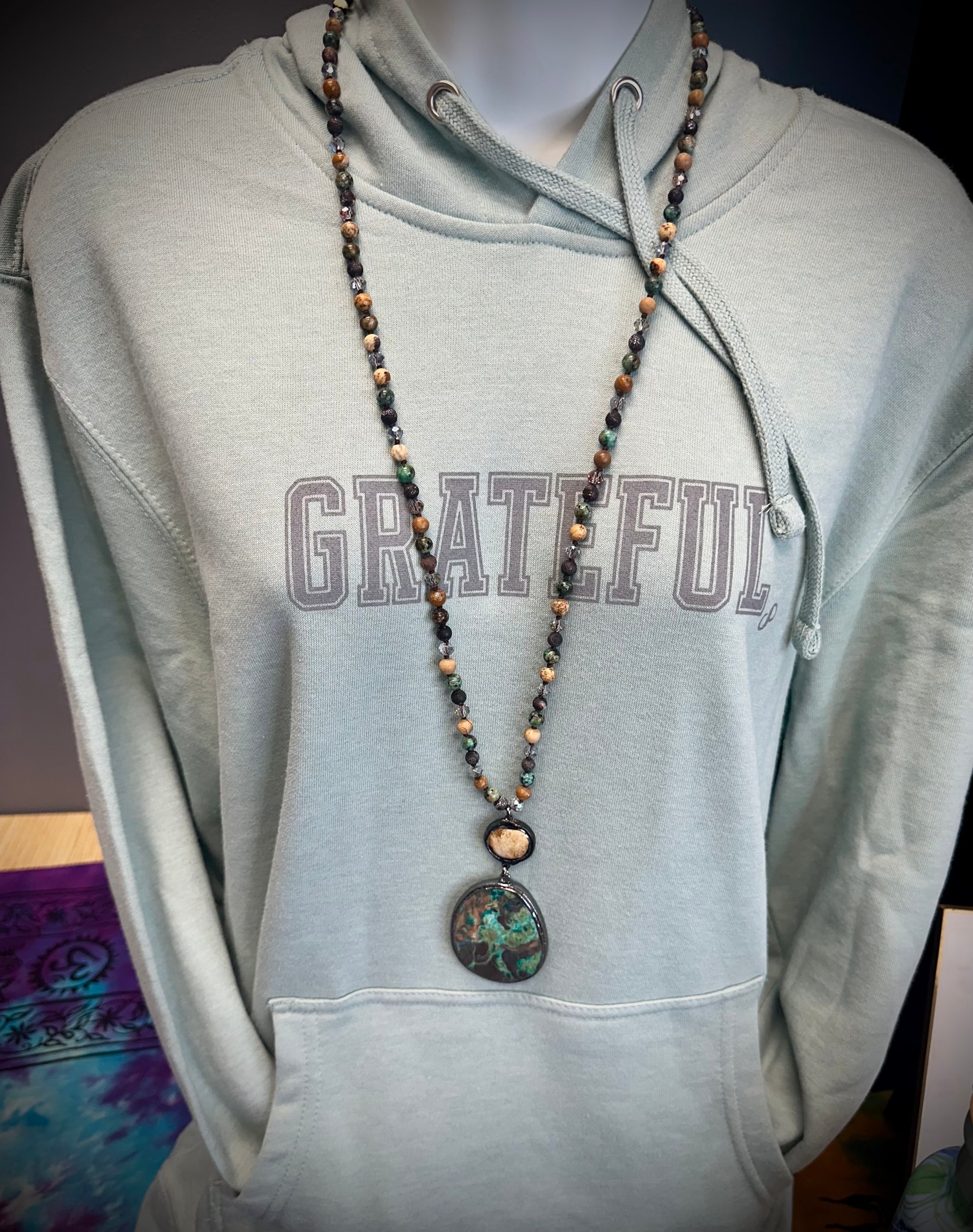 Jasper + Amazonite or African Turquoise Crystal, Long Necklace