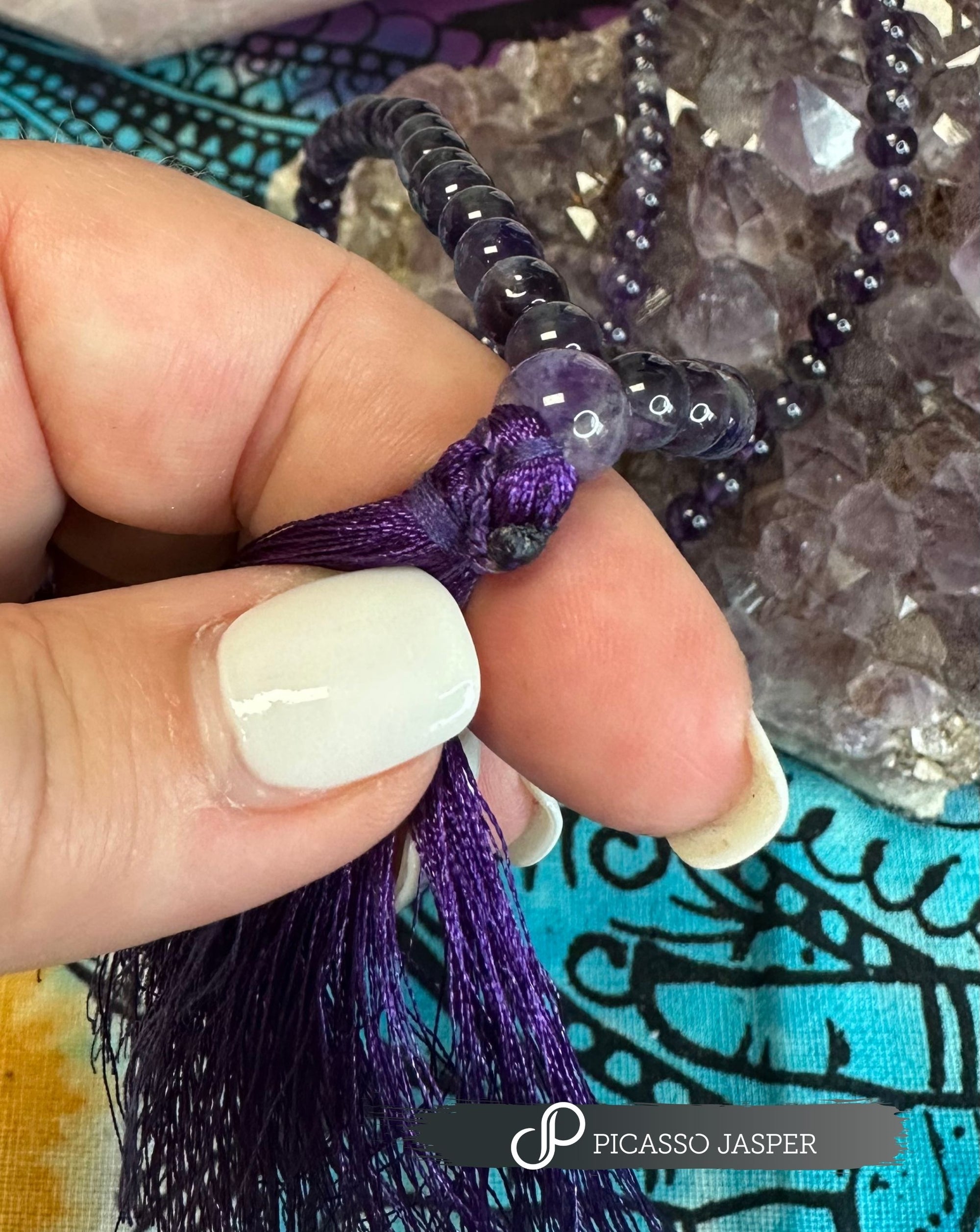 6mm Crystal Mala Necklaces: Rhodonite, Amethyst, Azurite Malachite, Rose Quartz