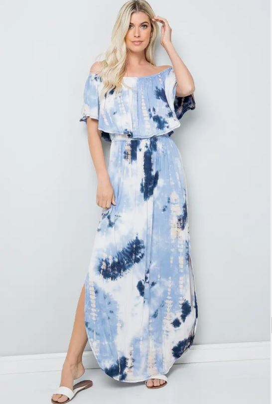 tie dye off the shoulder maxi dress LD-Z {Always Carefree} Blue/Orange Tie Dye Off Shoulder Maxi Dress Extended Plus Curvy Brand