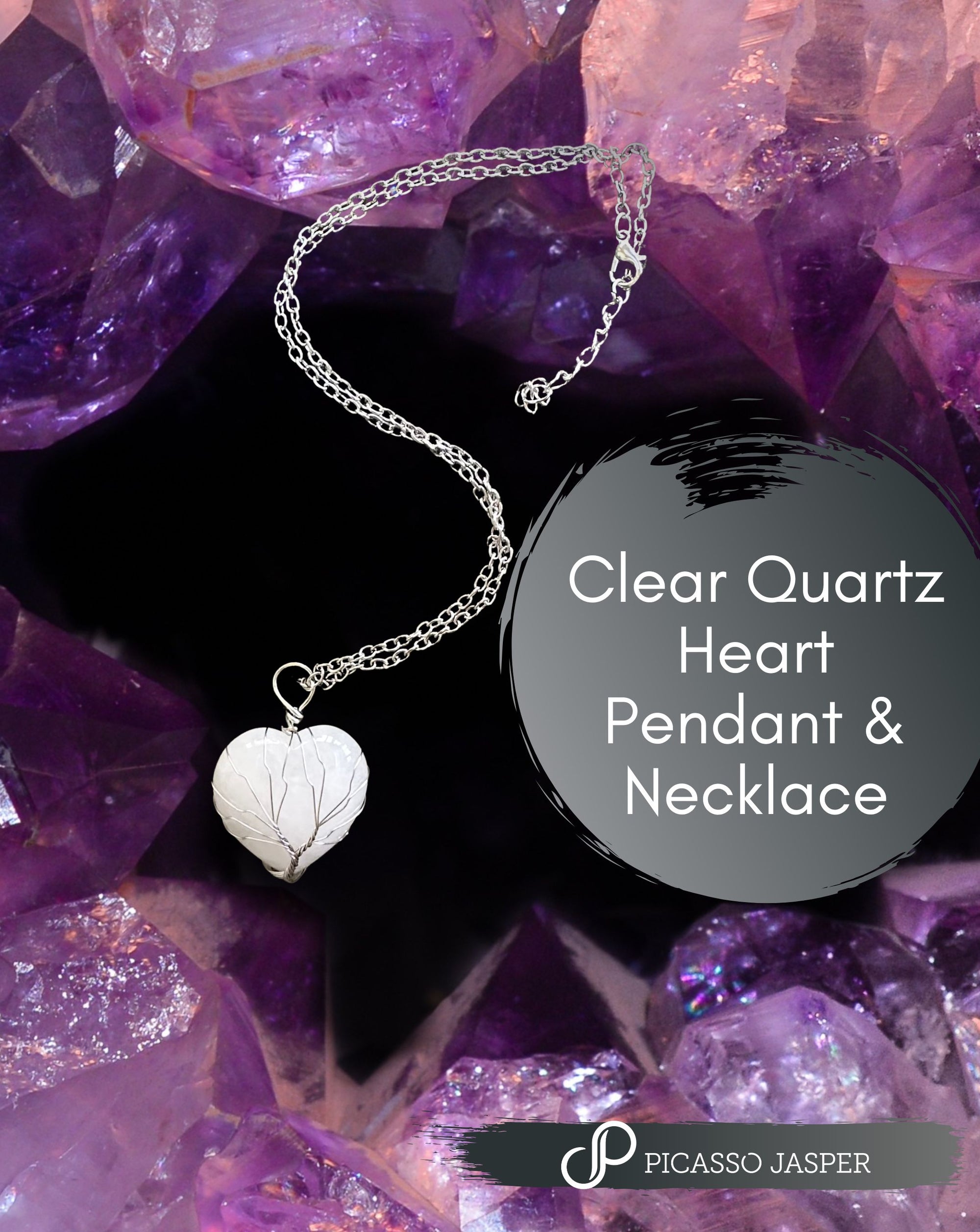 Clear Quartz Crystal, Reiki Infused Heart Shaped Pendant + 23" Necklace