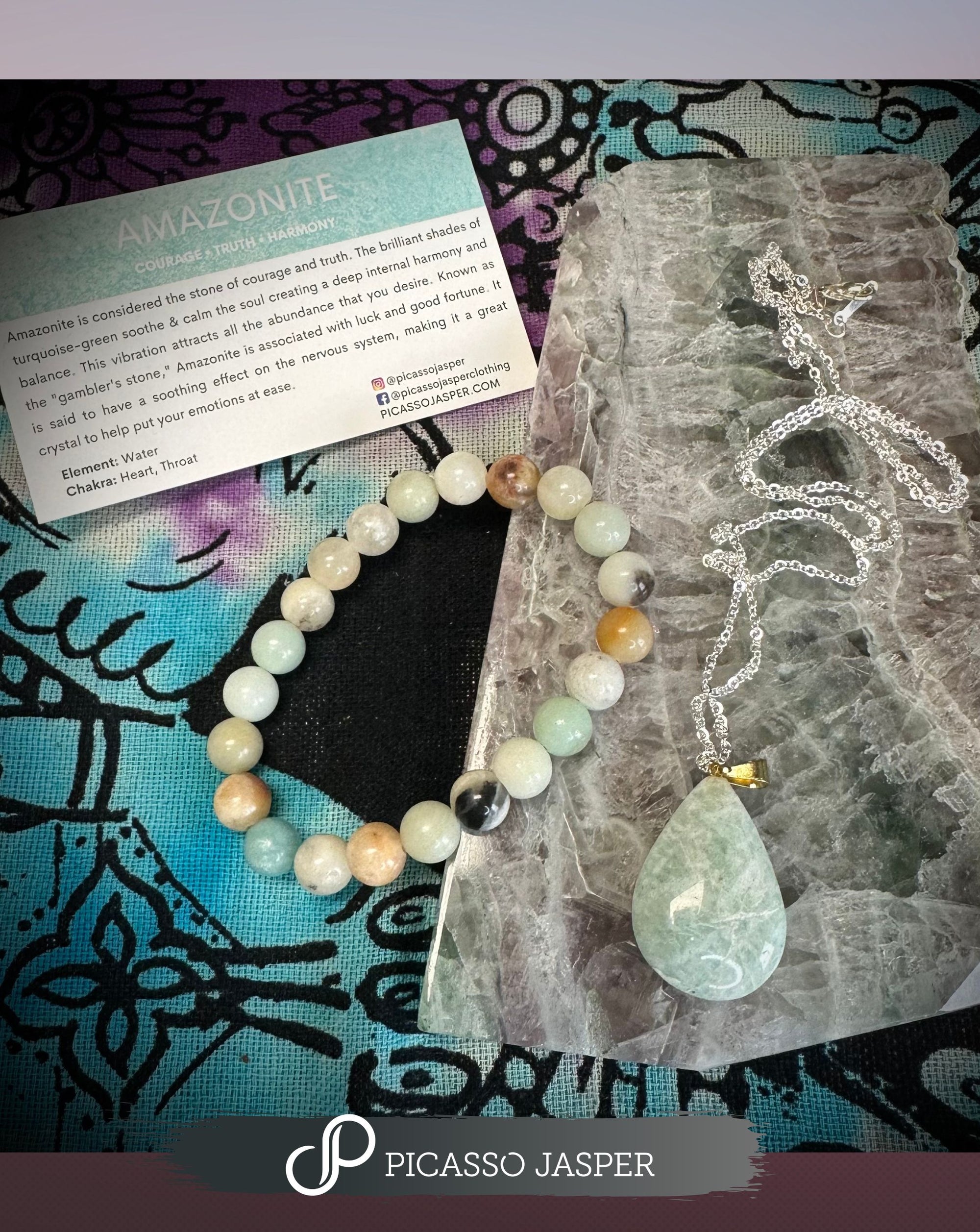 Amazonite or Rose Quartz Pendant + Bracelet Set