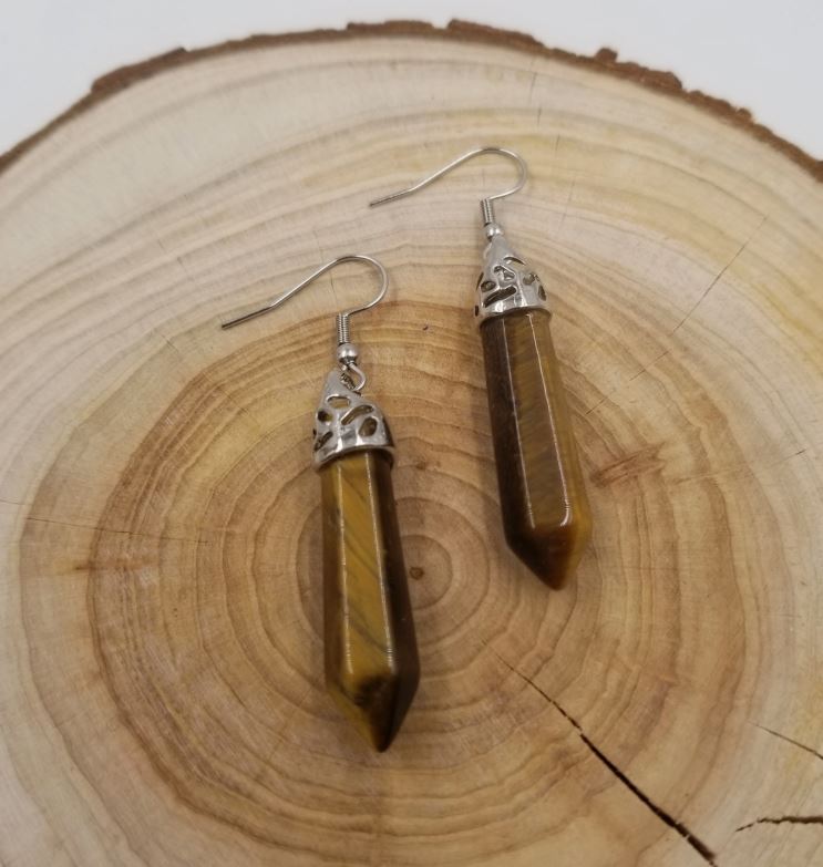 Tiger Eye, Crystal Point Earrings: Courage, Strength + Protection