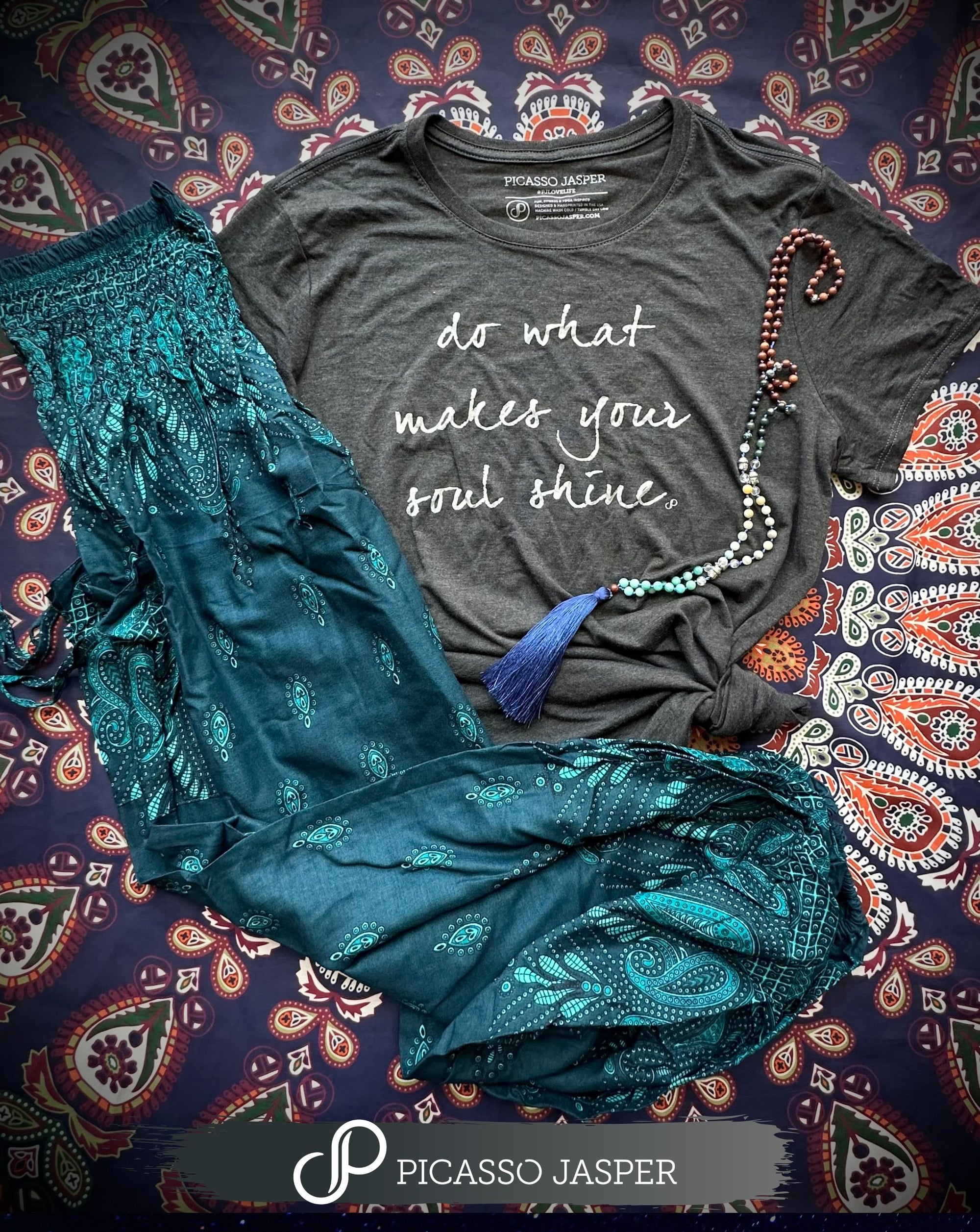 Soul Shine Tee & Teal Rain Dancing Rayon, 2 Pocket Goddess Pants + Crystal- Bundle!
