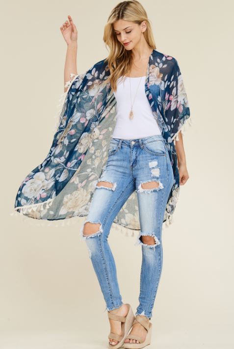 Floral Blue Kimono with Tassels, Go with the Flow!