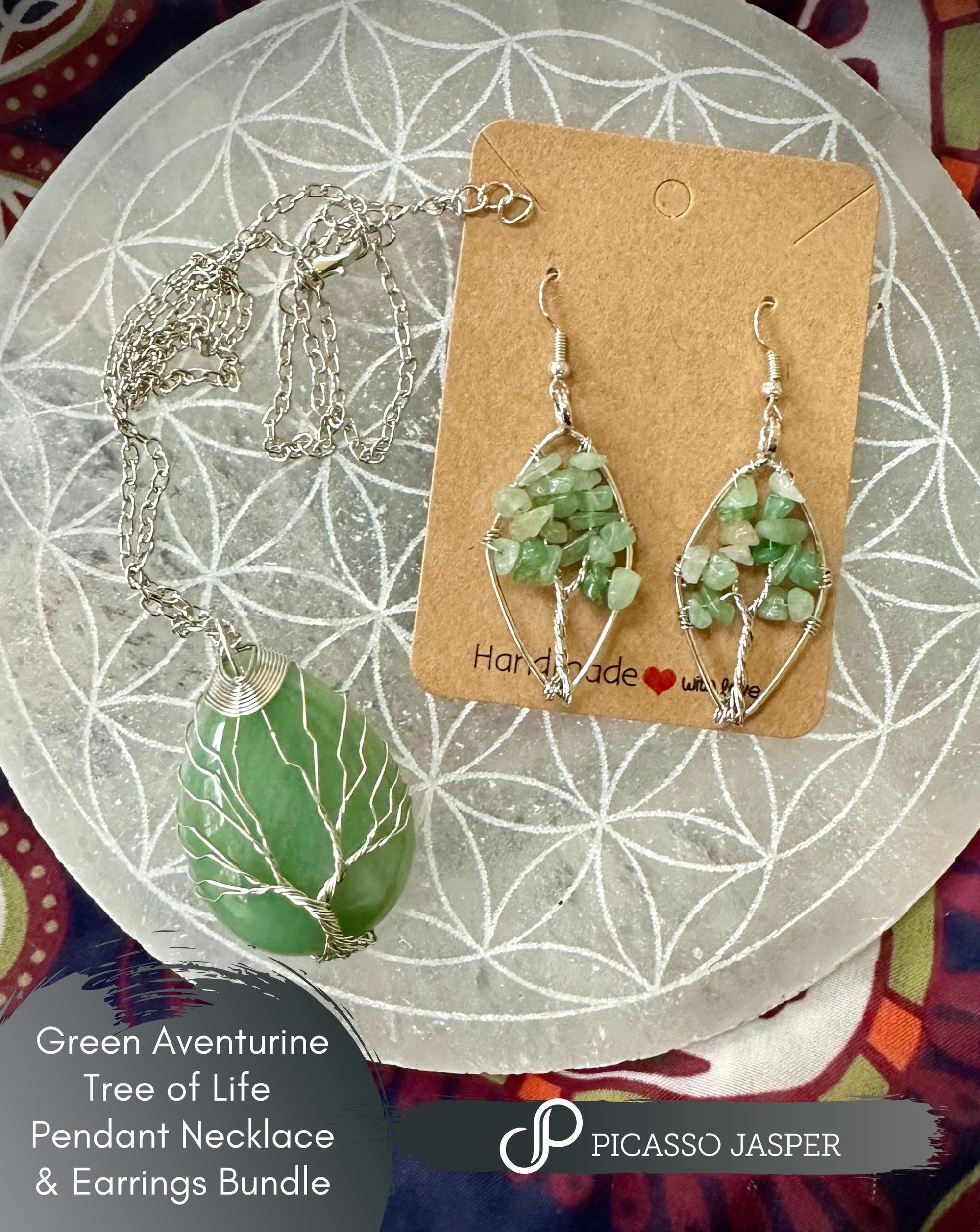 Green Aventurine, Tree of Life Pendant & Earrings Bundle: Prosperity, Courage, Leadership & LUCK!