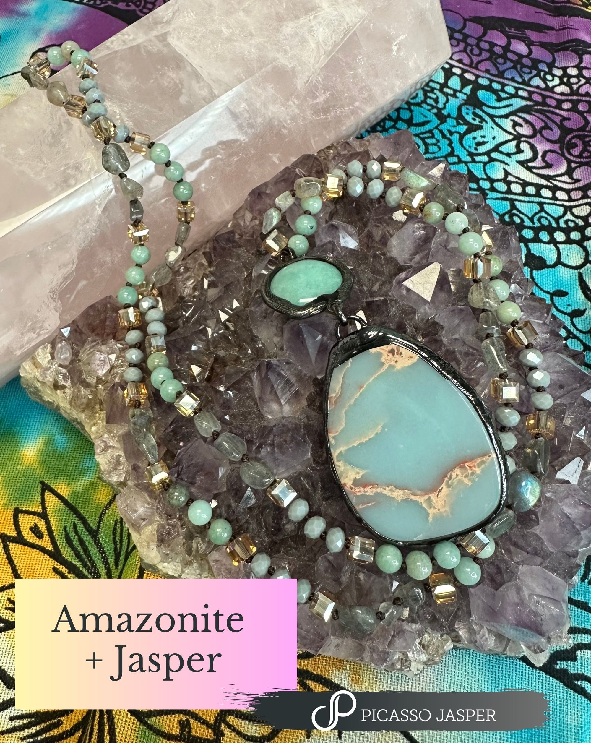 Jasper + Amazonite or African Turquoise Crystal, Long Necklace