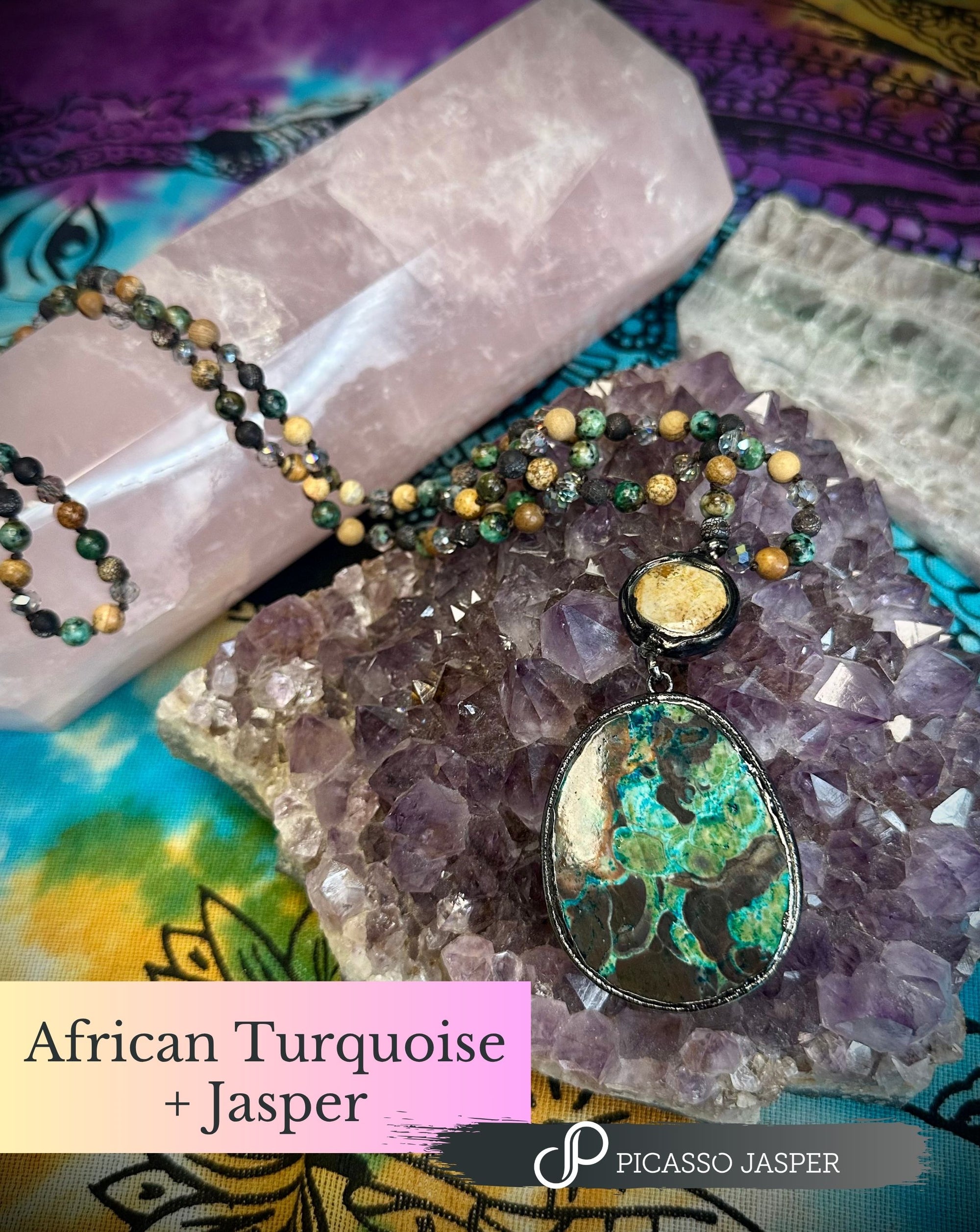 Jasper + Amazonite or African Turquoise Crystal, Long Necklace