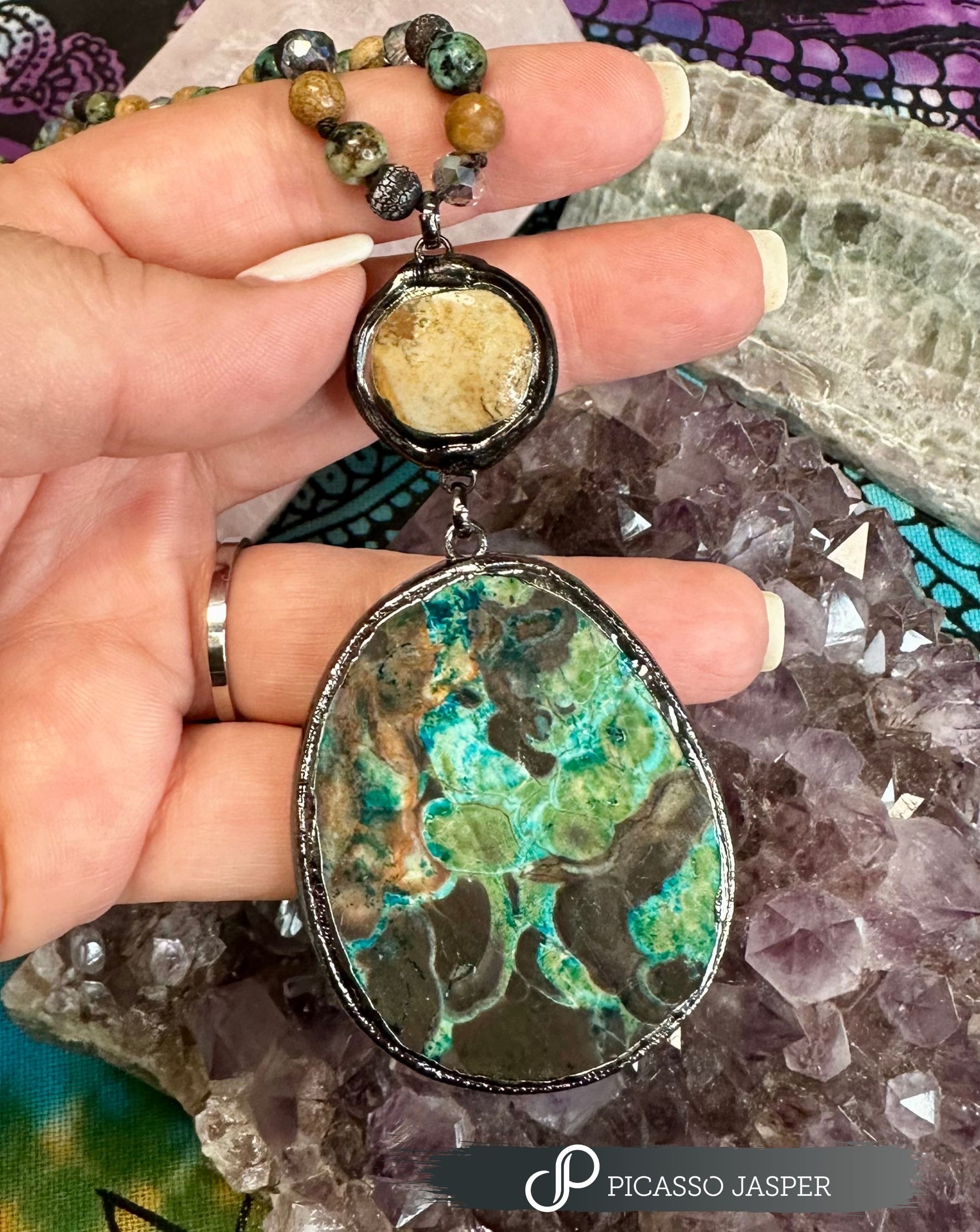 Jasper + Amazonite or African Turquoise Crystal, Long Necklace