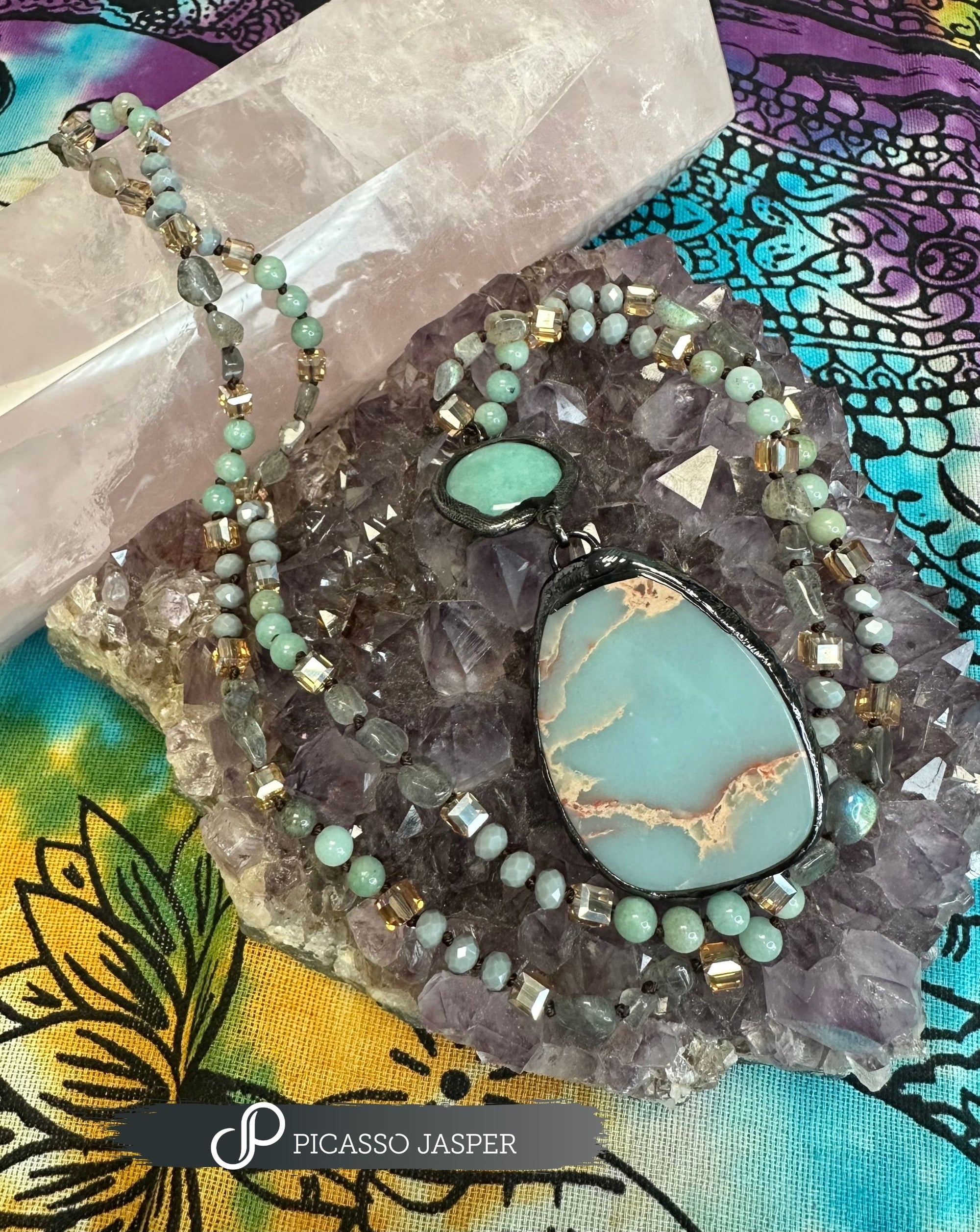 Jasper + Amazonite or African Turquoise Crystal, Long Necklace