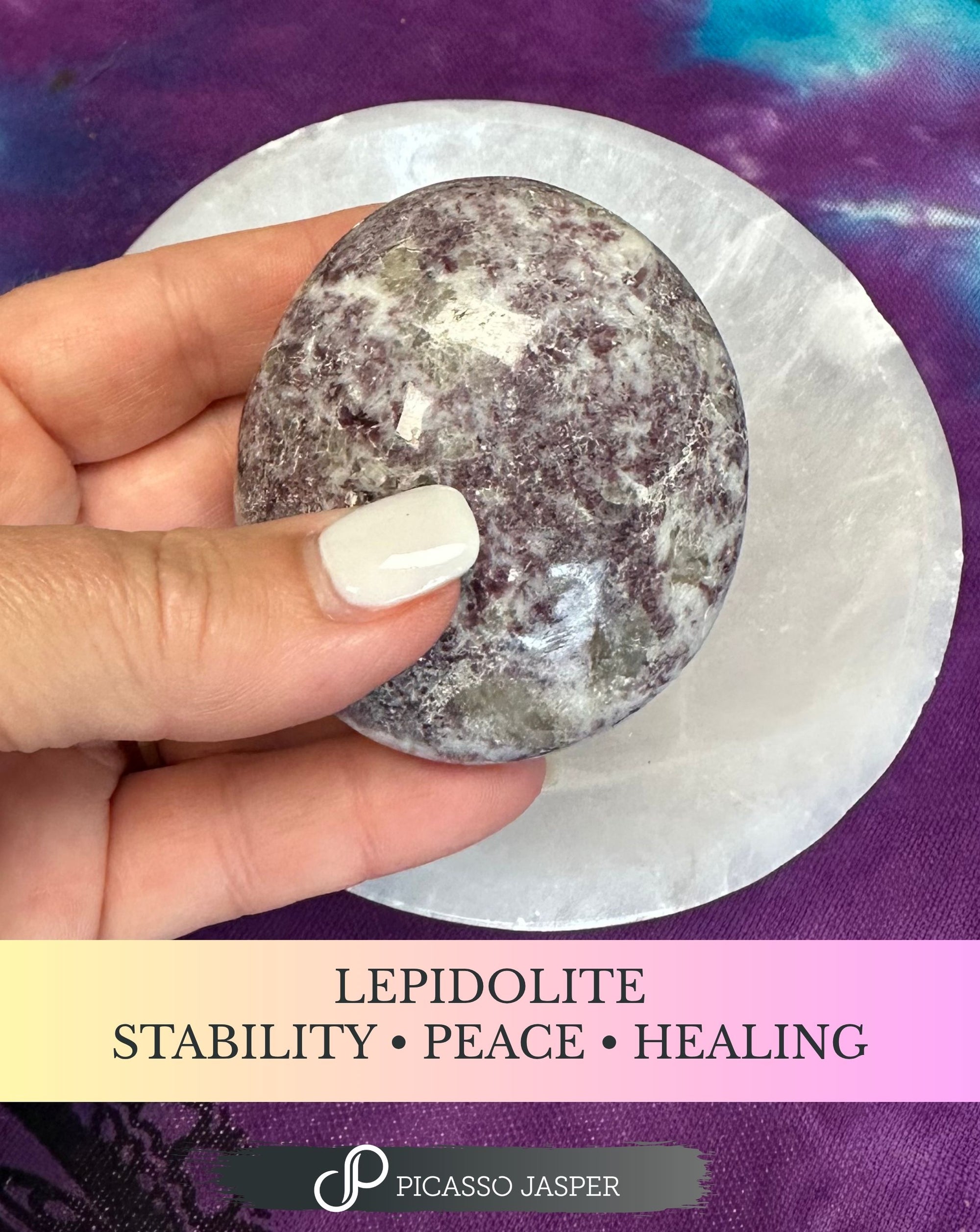 Lepidolite Palm Stone: STABILITY • PEACE • HEALING