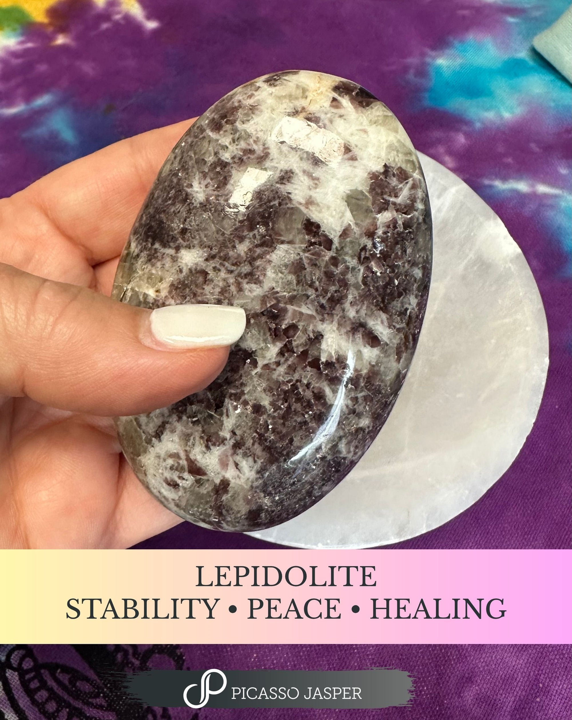 Lepidolite Palm Stone: STABILITY • PEACE • HEALING