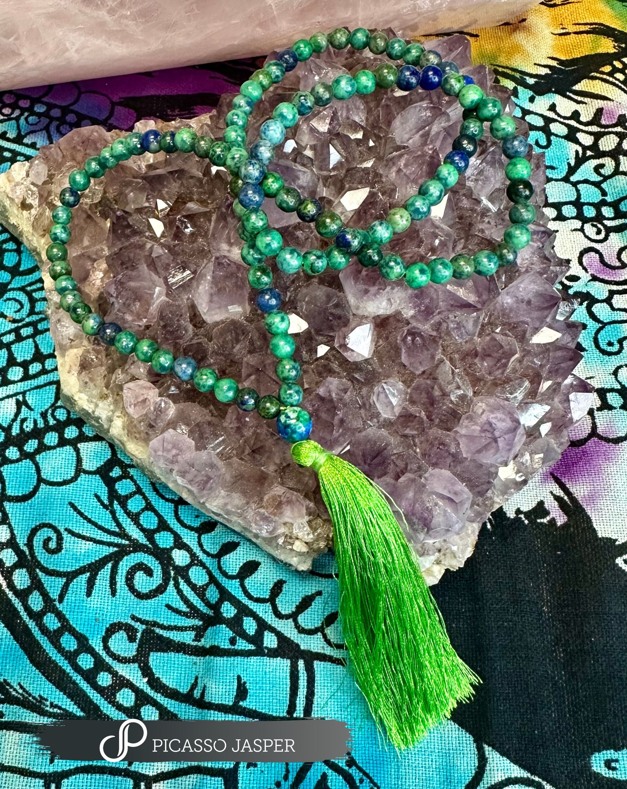6mm Crystal Mala Necklaces: Rhodonite, Amethyst, Azurite Malachite, Rose Quartz