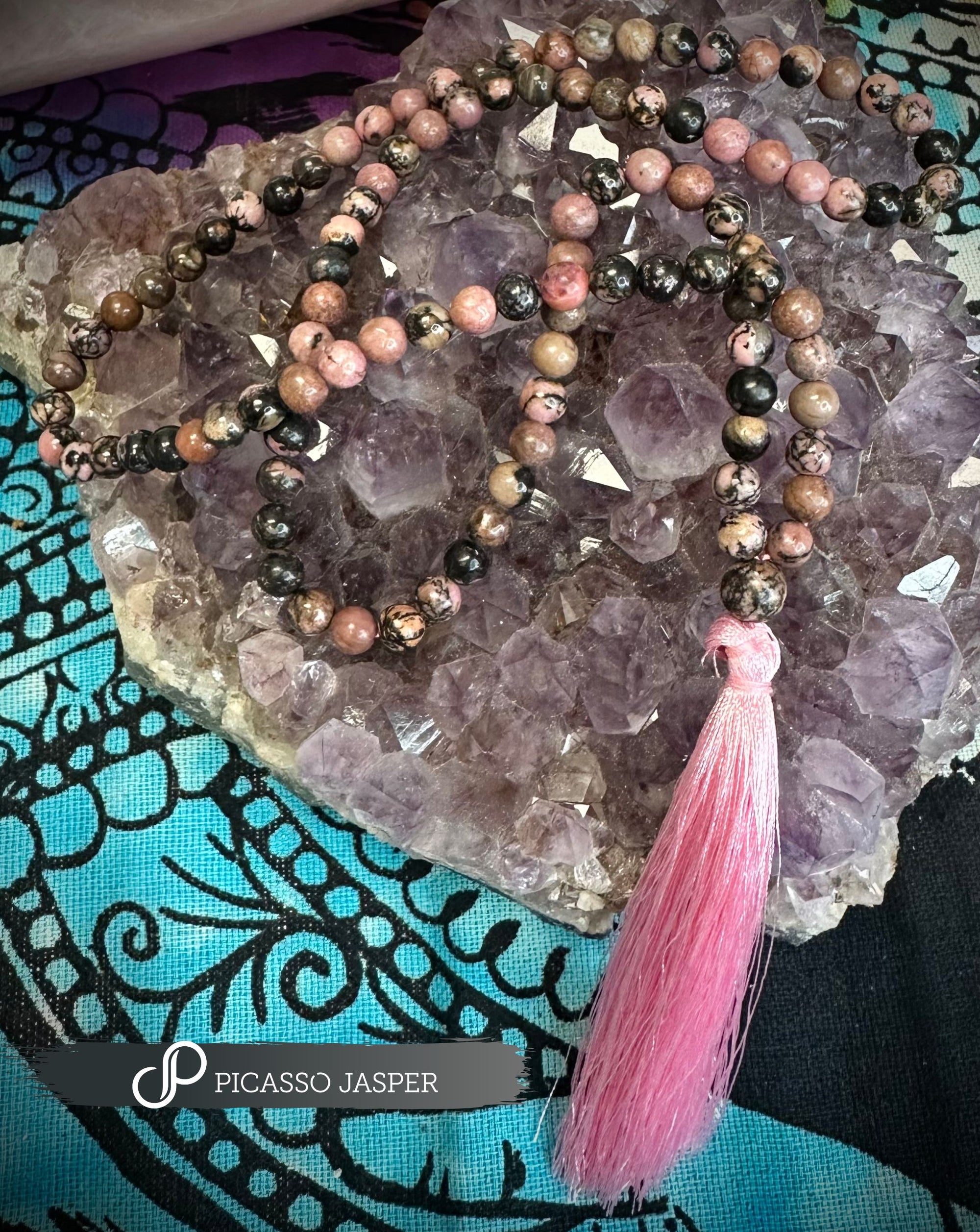 6mm Crystal Mala Necklaces: Rhodonite, Amethyst, Azurite Malachite, Rose Quartz