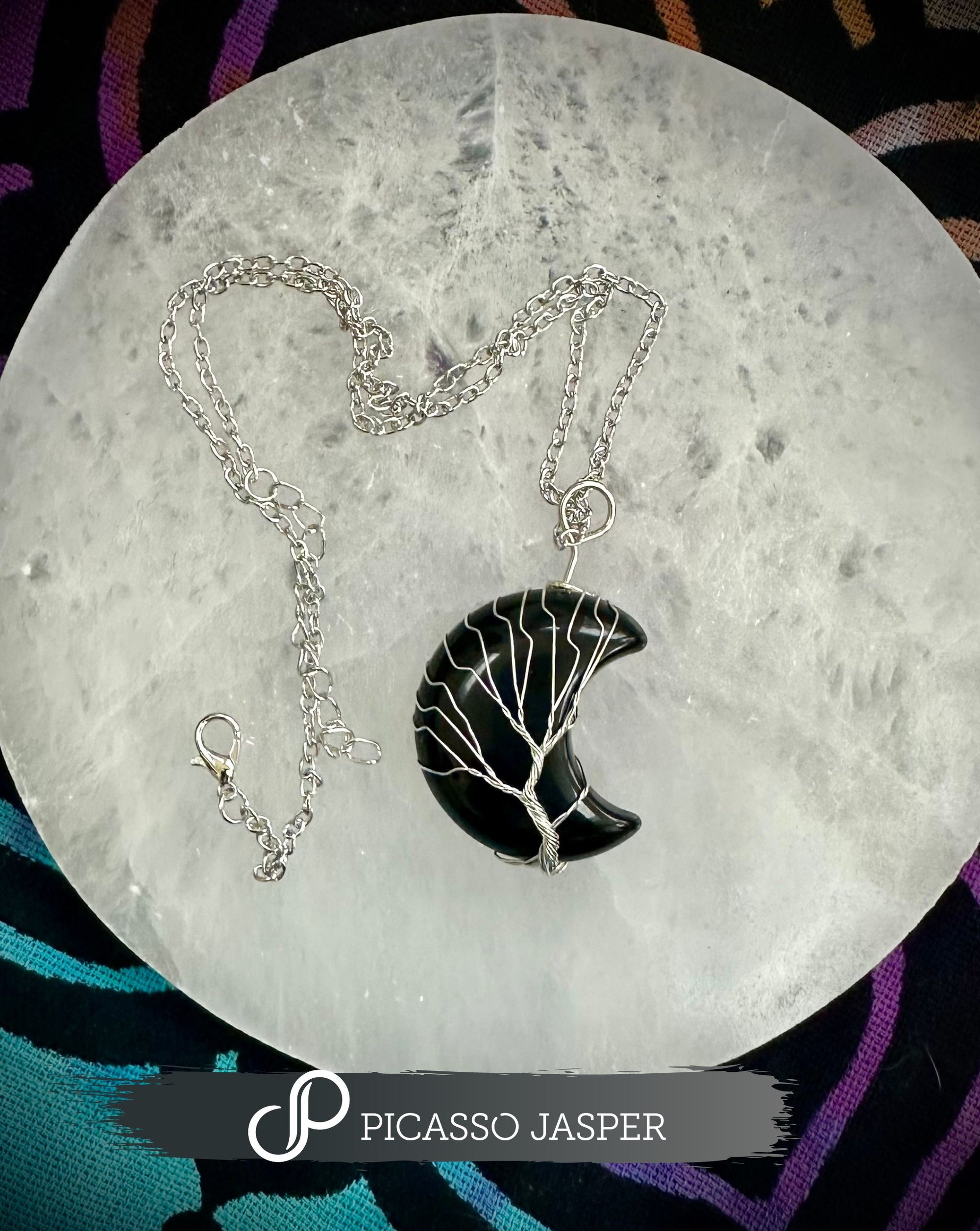 Black Obsidian, Crescent Moon Pendant + Necklace