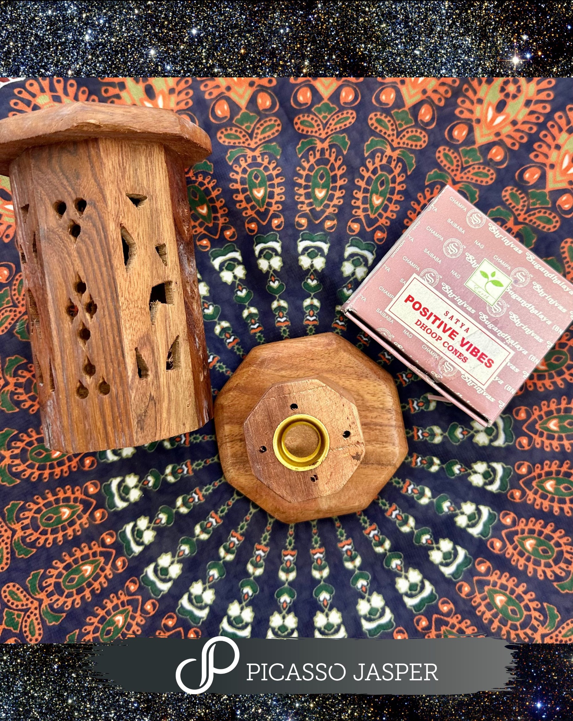 Natural Wood Cone Incense Tower + Positive Vibes Incense Cones