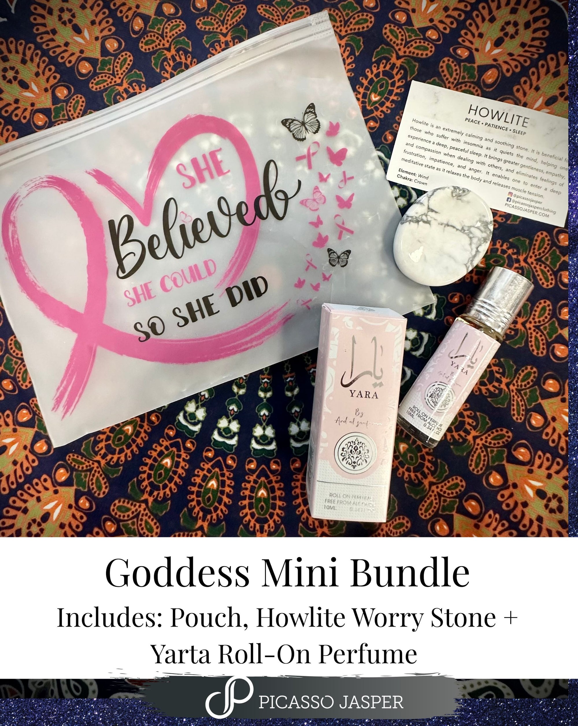 Goddess Bundle: Pouch, Howlite Worry Stone + Yarta Rollerball Perfume