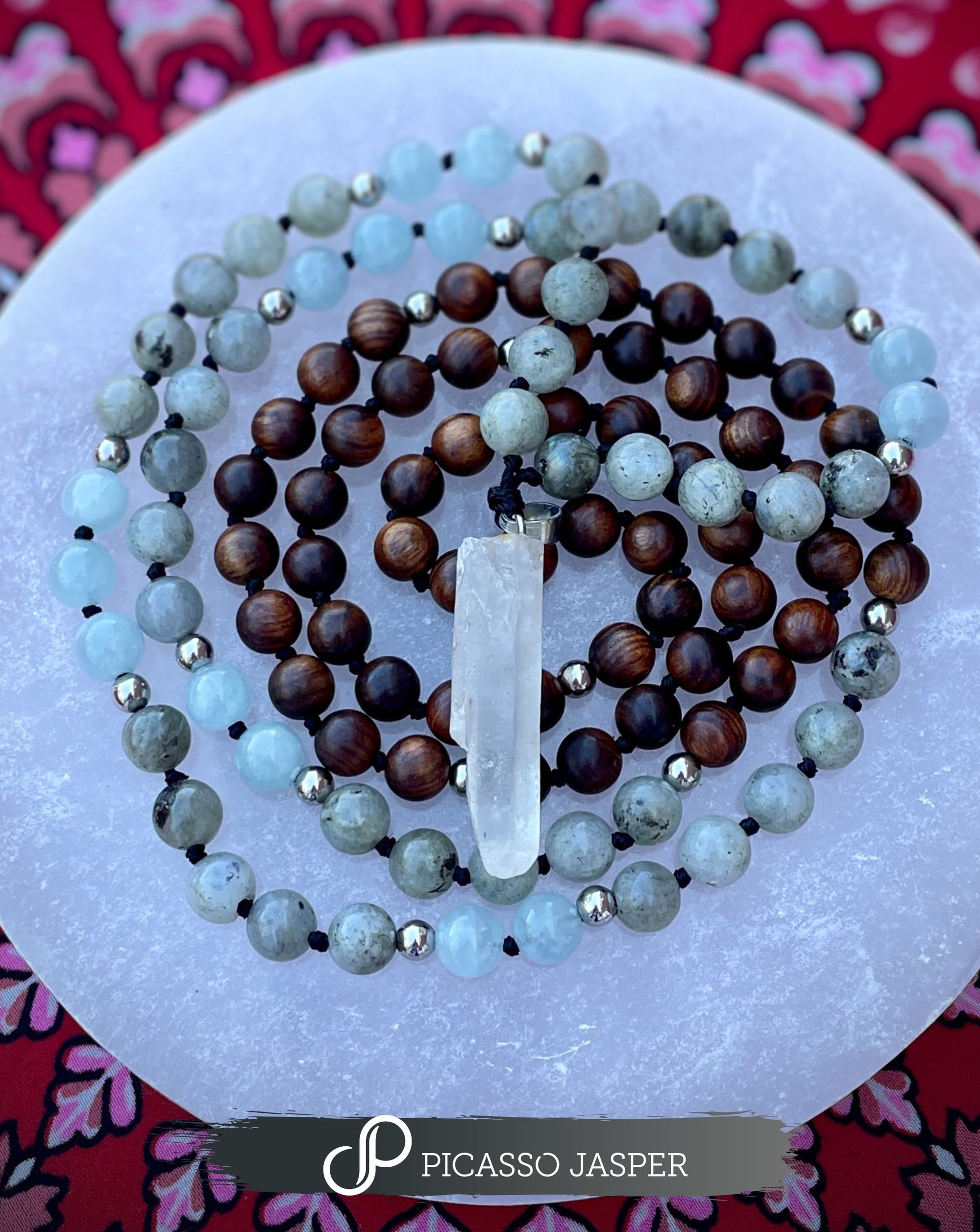 Aquamarine with Crystal Pendant, 8 mm Mala, Throat Chakra + Stone of Courage