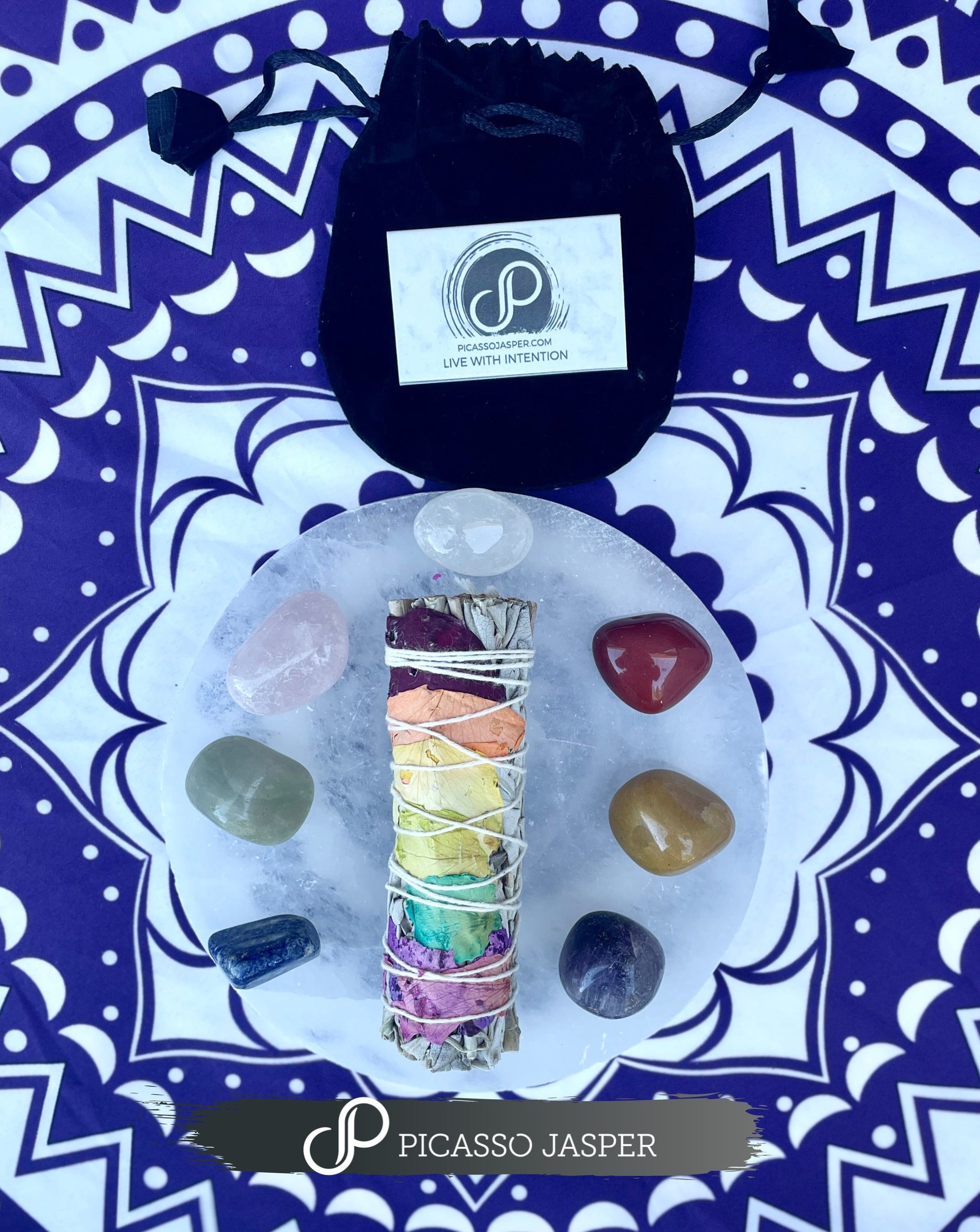 Chakra Stone Set + Sage & Meditation Card Bundle