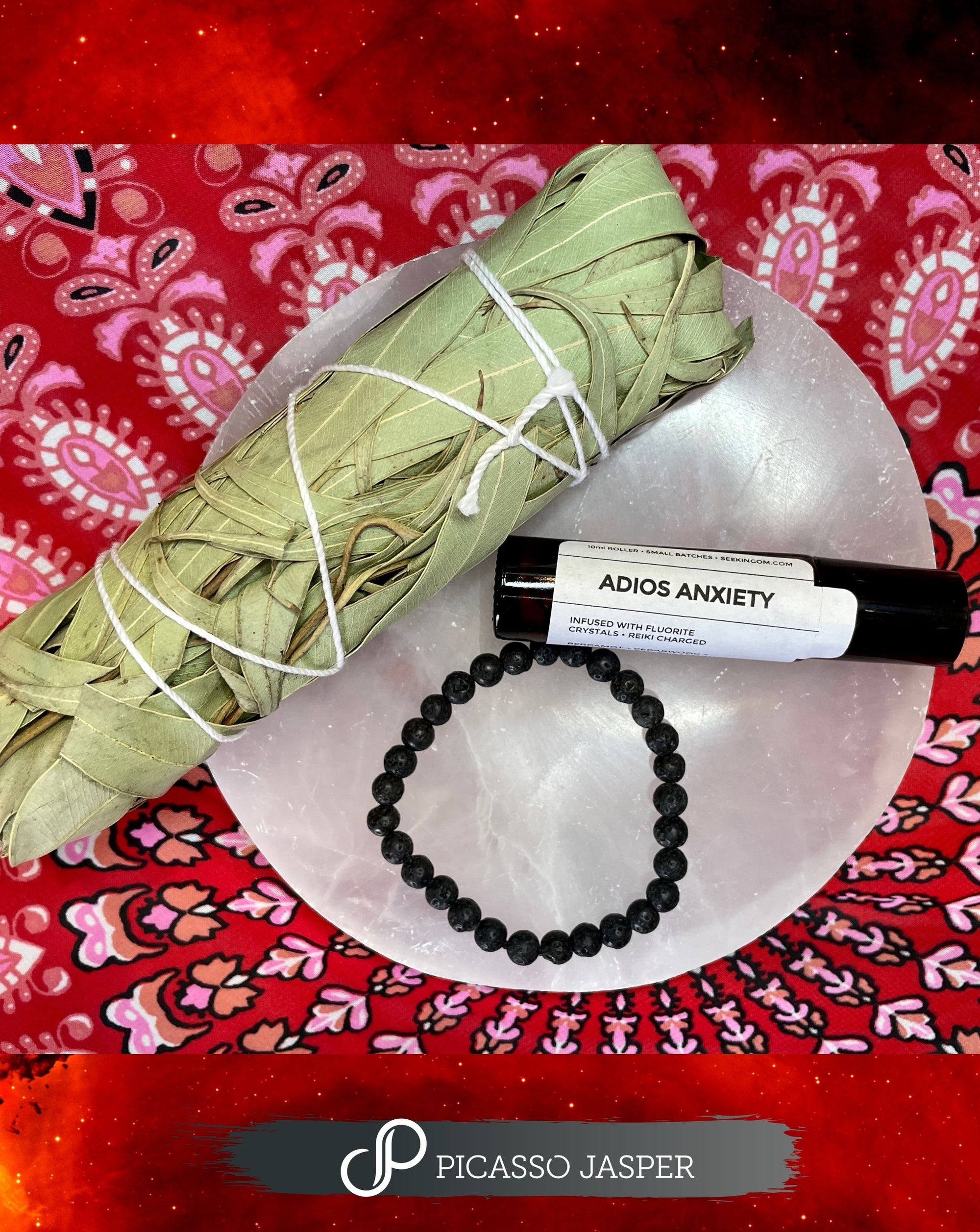 Adios Anxiety Bundle: Roller Ball + Lava Bracelet + Eucalyptus Smudge Bundle