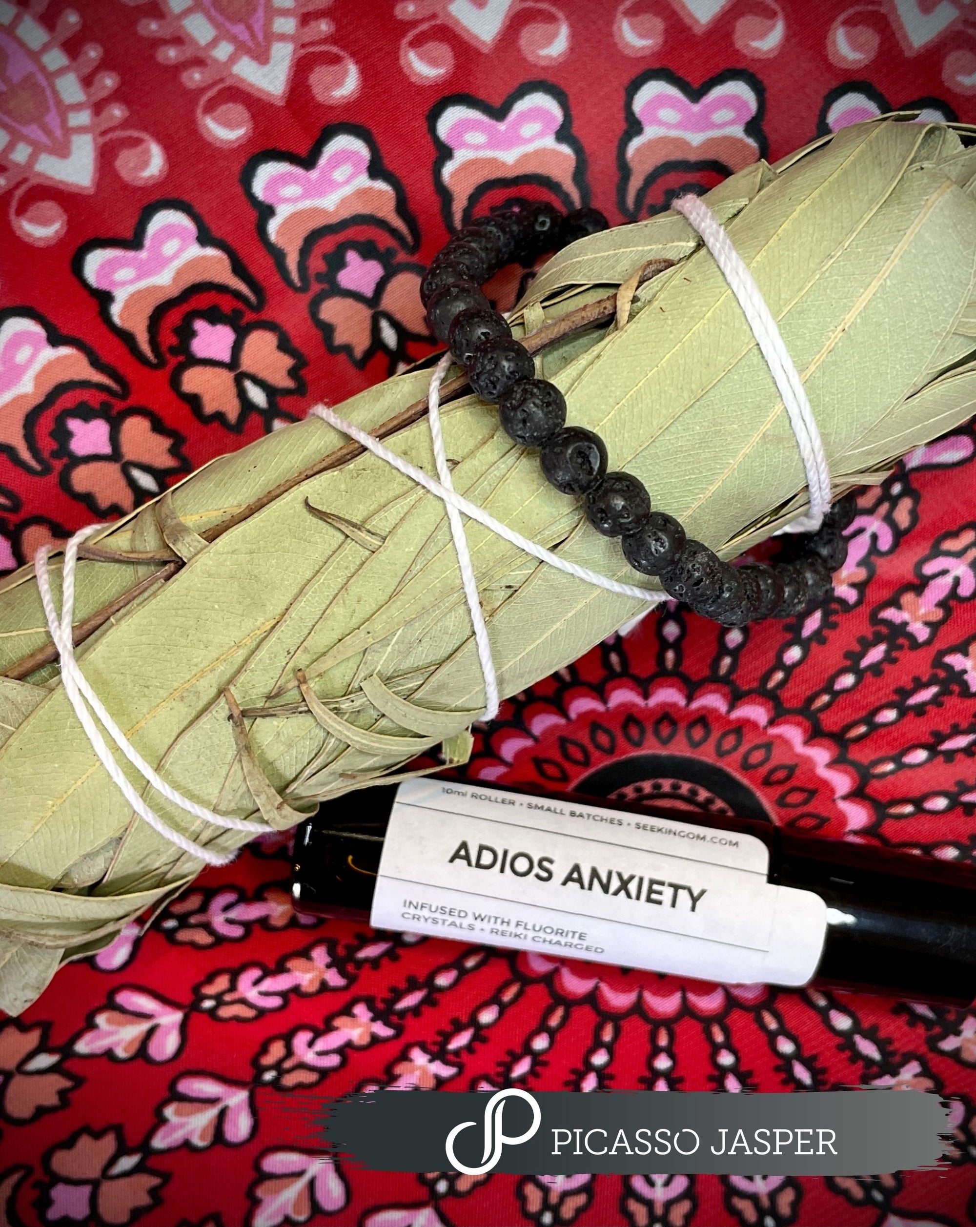 Adios Anxiety Bundle: Roller Ball + Lava Bracelet + Eucalyptus Smudge Bundle