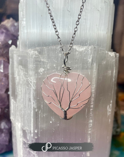 Rose Quartz, Reiki Infused Heart Shaped Pendant + 23