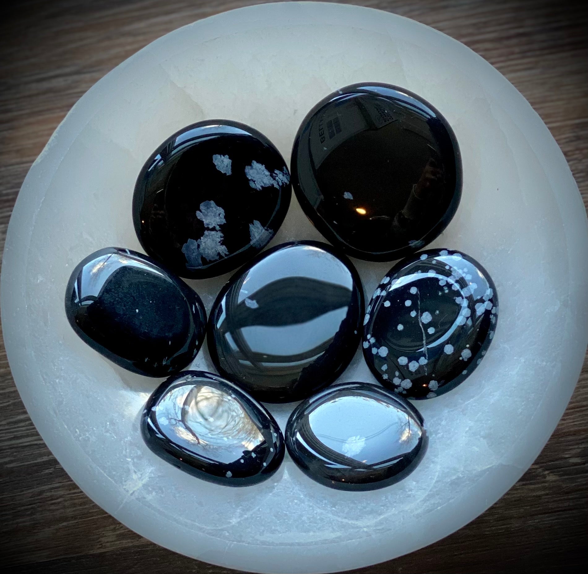 Snow Flake Obsidian Smooth Stone, Grounding + Balance - Picasso Jasper